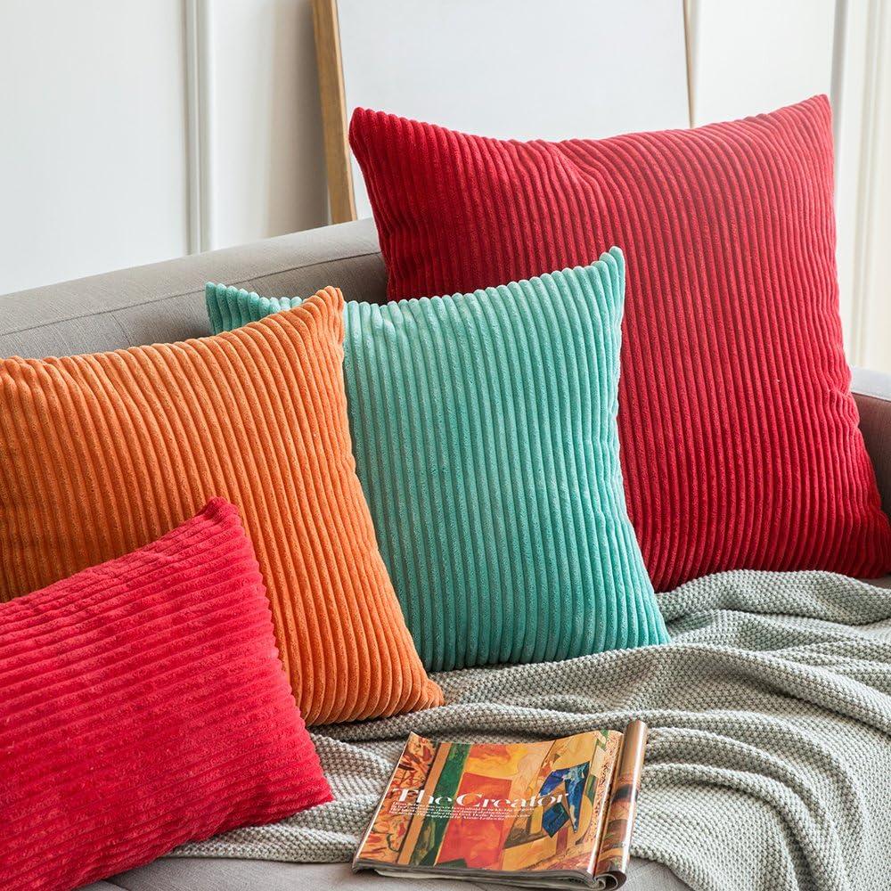 imageMIULEE Pack of 2 Burnt Orange Pillow Covers 18x18 Inch Soft Boho Striped Corduroy Throw Pillow Covers Set Decorative Square Cushion Cases Pillowcases for Sofa Bedroom CouchOrange