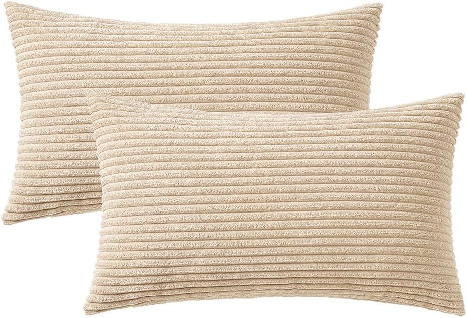imageMIULEE Pack of 2 Burnt Orange Pillow Covers 18x18 Inch Soft Boho Striped Corduroy Throw Pillow Covers Set Decorative Square Cushion Cases Pillowcases for Sofa Bedroom CouchBeige
