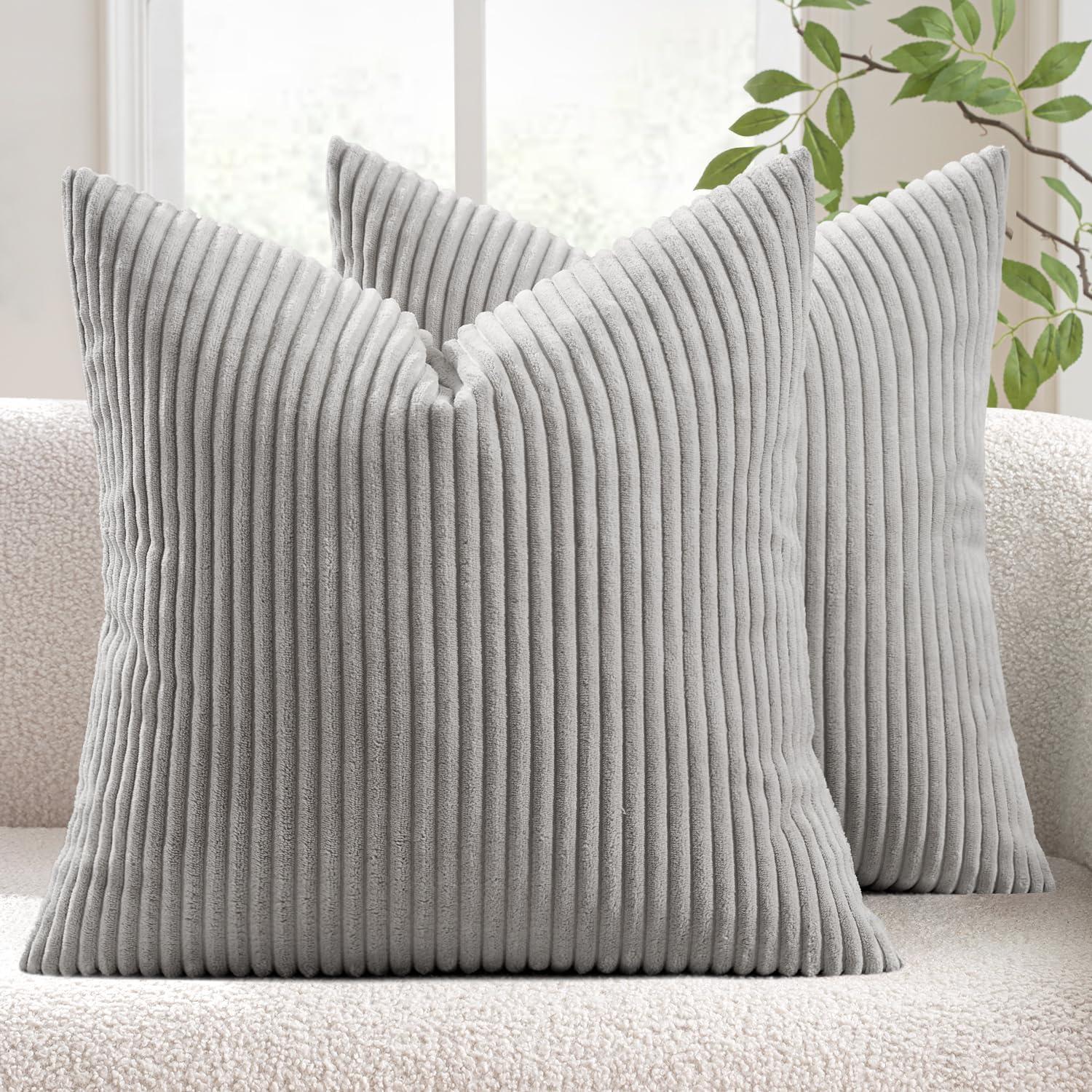 imageMIULEE Pack of 2 Burnt Orange Pillow Covers 18x18 Inch Soft Boho Striped Corduroy Throw Pillow Covers Set Decorative Square Cushion Cases Pillowcases for Sofa Bedroom CouchSilver Grey