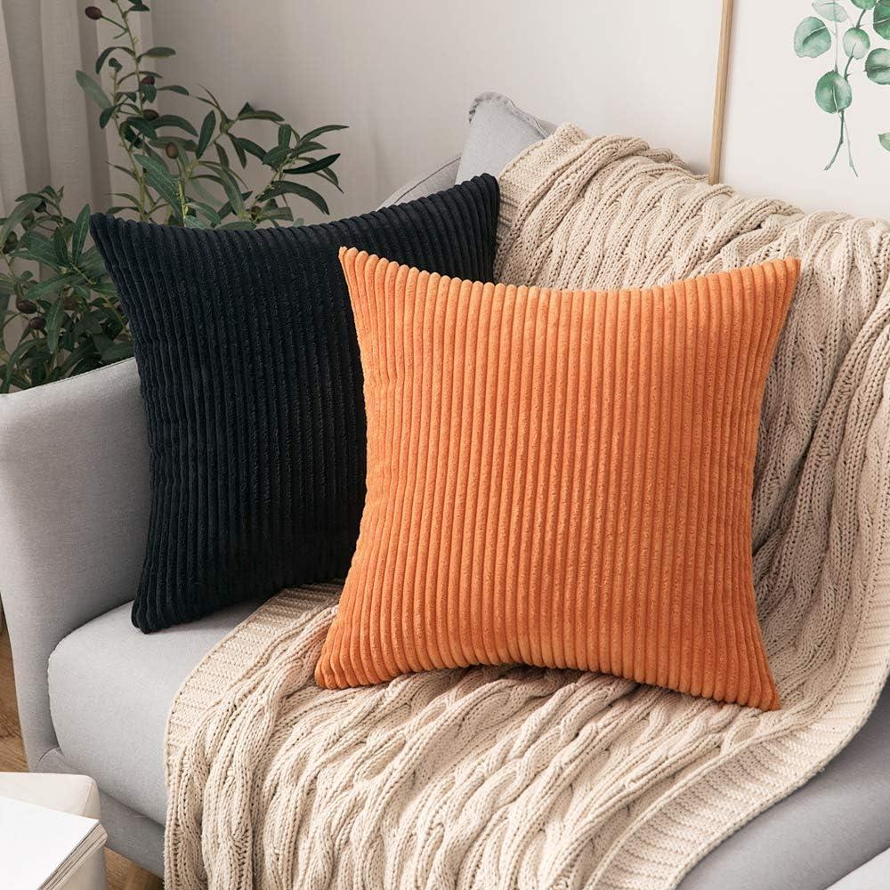 imageMIULEE Pack of 2 Burnt Orange Pillow Covers 18x18 Inch Soft Boho Striped Corduroy Throw Pillow Covers Set Decorative Square Cushion Cases Pillowcases for Sofa Bedroom CouchBlack