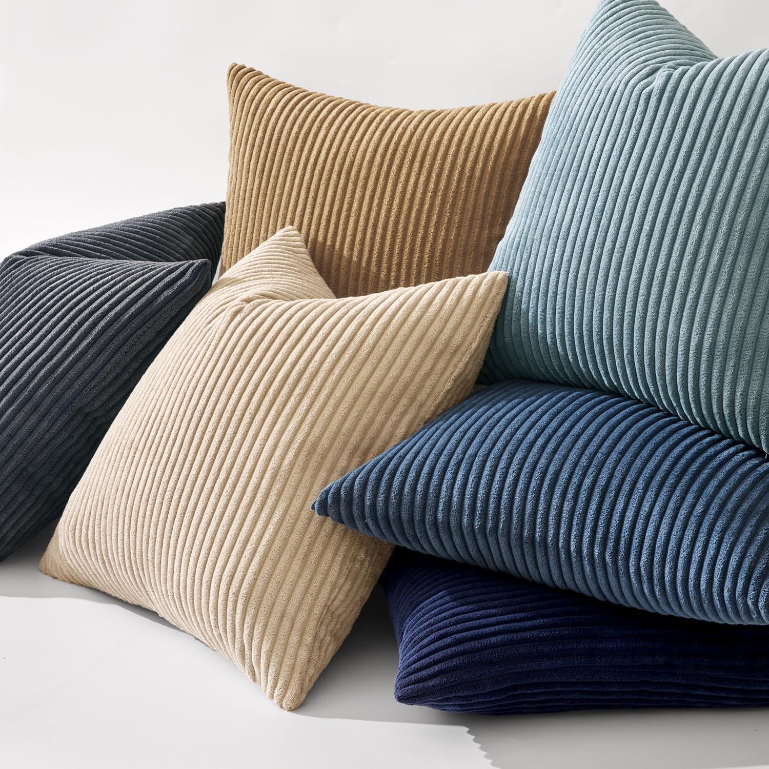imageMIULEE Pack of 2 Burnt Orange Pillow Covers 18x18 Inch Soft Boho Striped Corduroy Throw Pillow Covers Set Decorative Square Cushion Cases Pillowcases for Sofa Bedroom CouchNavy Blue