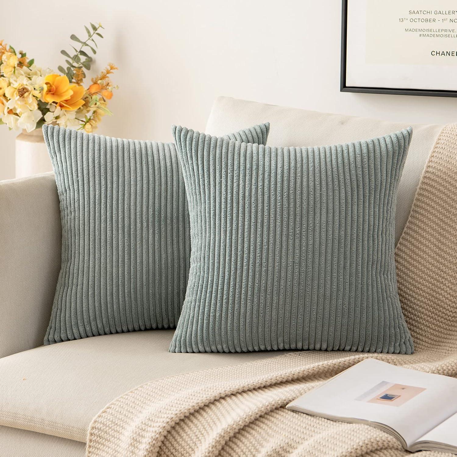 imageMIULEE Pack of 2 Burnt Orange Pillow Covers 18x18 Inch Soft Boho Striped Corduroy Throw Pillow Covers Set Decorative Square Cushion Cases Pillowcases for Sofa Bedroom CouchGreyish Green