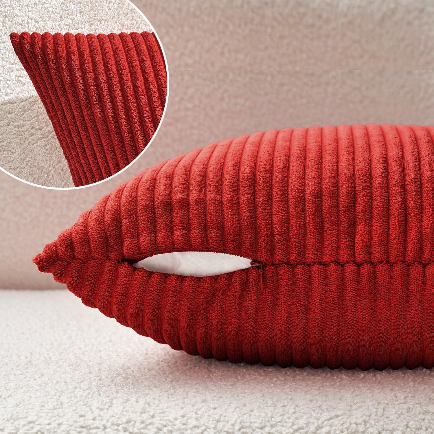 imageMIULEE Pack of 2 Burnt Orange Pillow Covers 18x18 Inch Soft Boho Striped Corduroy Throw Pillow Covers Set Decorative Square Cushion Cases Pillowcases for Sofa Bedroom CouchChristmas Red