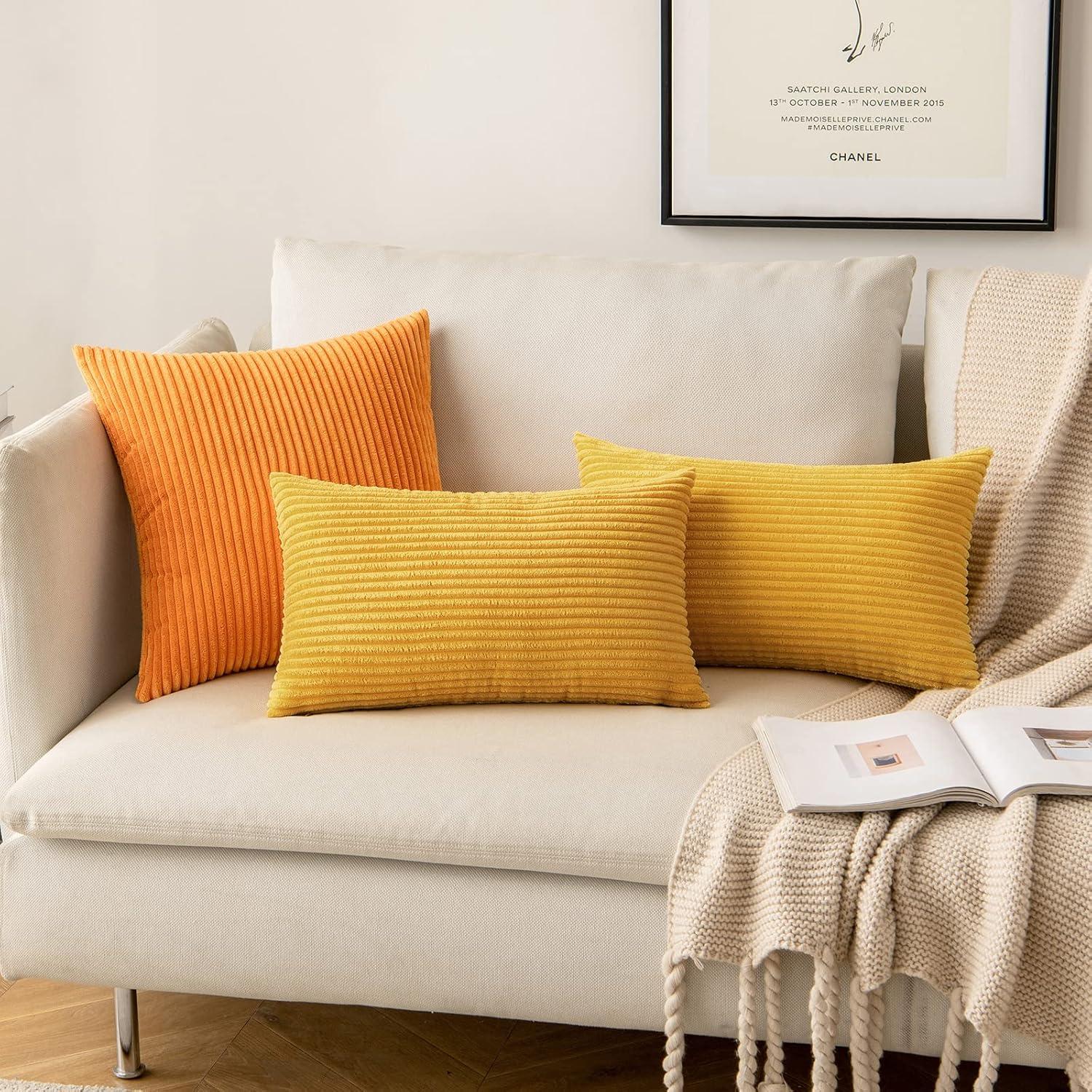 imageMIULEE Pack of 2 Burnt Orange Pillow Covers 18x18 Inch Soft Boho Striped Corduroy Throw Pillow Covers Set Decorative Square Cushion Cases Pillowcases for Sofa Bedroom CouchMustard Yellow