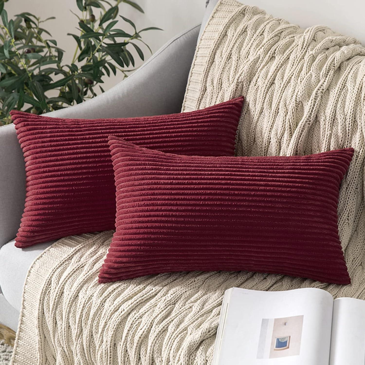 imageMIULEE Pack of 2 Burnt Orange Pillow Covers 18x18 Inch Soft Boho Striped Corduroy Throw Pillow Covers Set Decorative Square Cushion Cases Pillowcases for Sofa Bedroom CouchBurgundy