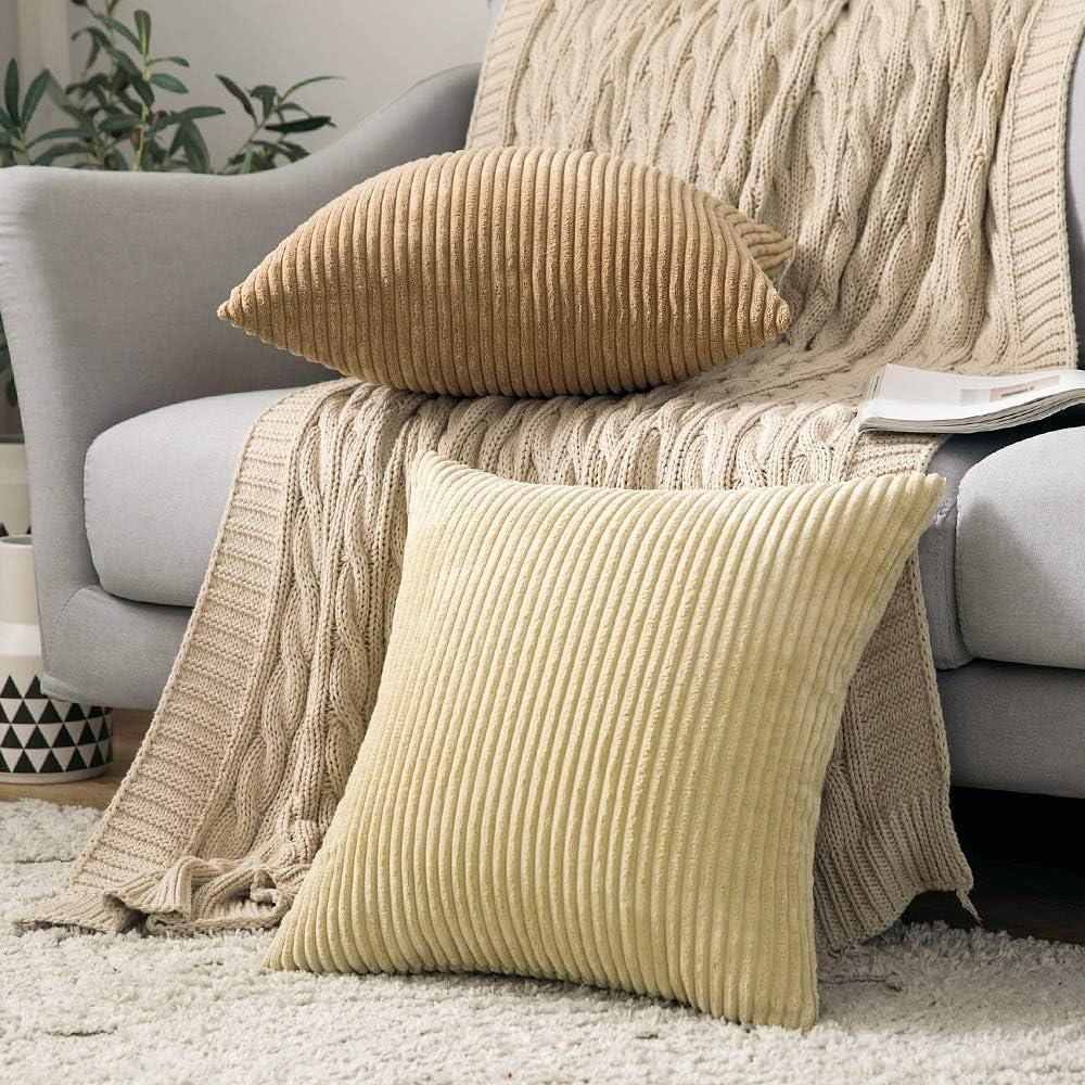 imageMIULEE Pack of 2 Burnt Orange Pillow Covers 18x18 Inch Soft Boho Striped Corduroy Throw Pillow Covers Set Decorative Square Cushion Cases Pillowcases for Sofa Bedroom CouchKhaki