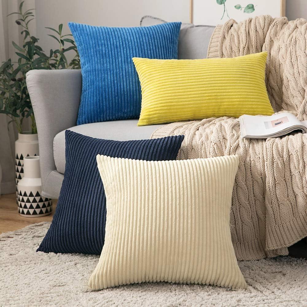 imageMIULEE Pack of 2 Burnt Orange Pillow Covers 18x18 Inch Soft Boho Striped Corduroy Throw Pillow Covers Set Decorative Square Cushion Cases Pillowcases for Sofa Bedroom CouchDark Blue