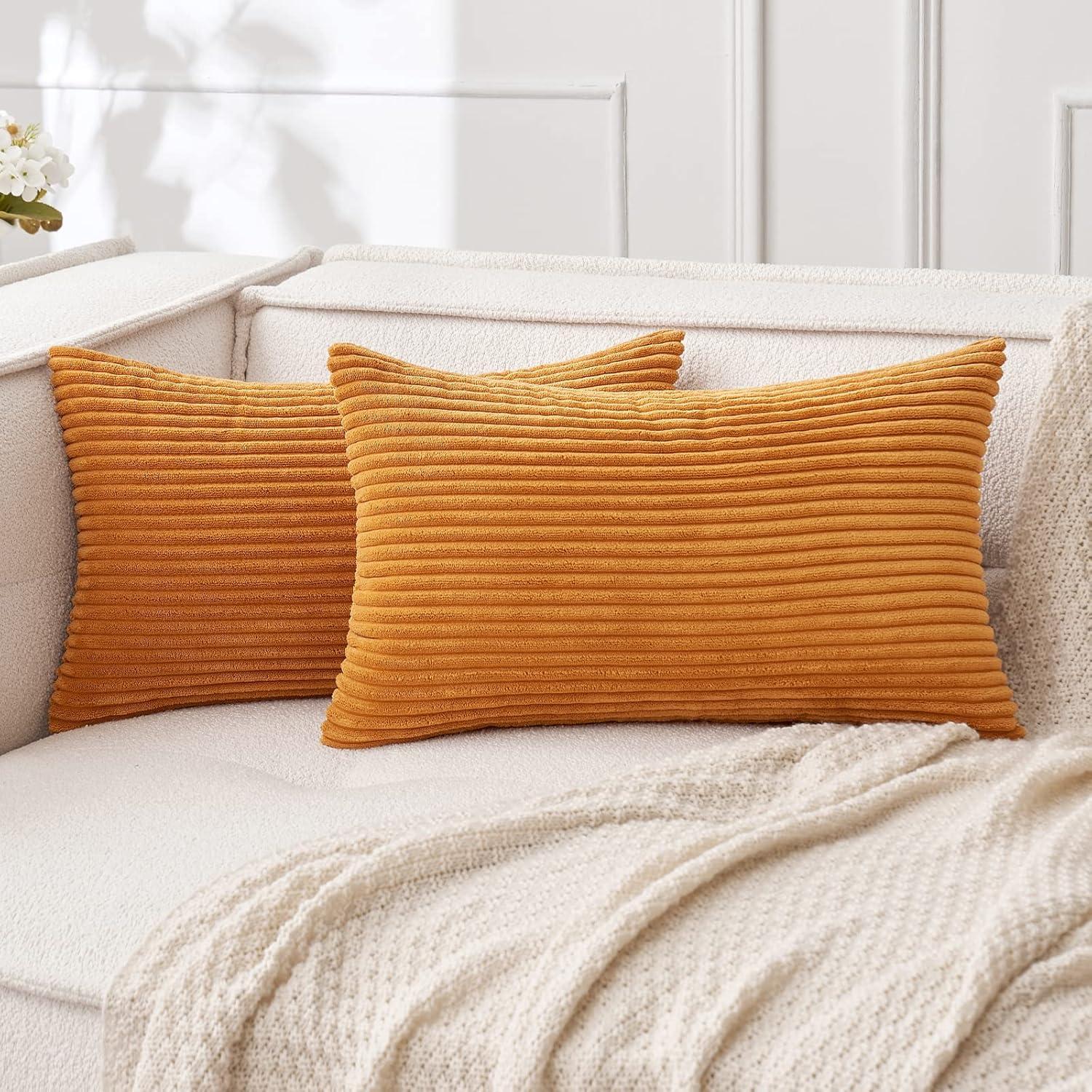 imageMIULEE Pack of 2 Burnt Orange Pillow Covers 18x18 Inch Soft Boho Striped Corduroy Throw Pillow Covers Set Decorative Square Cushion Cases Pillowcases for Sofa Bedroom CouchBurnt Orange