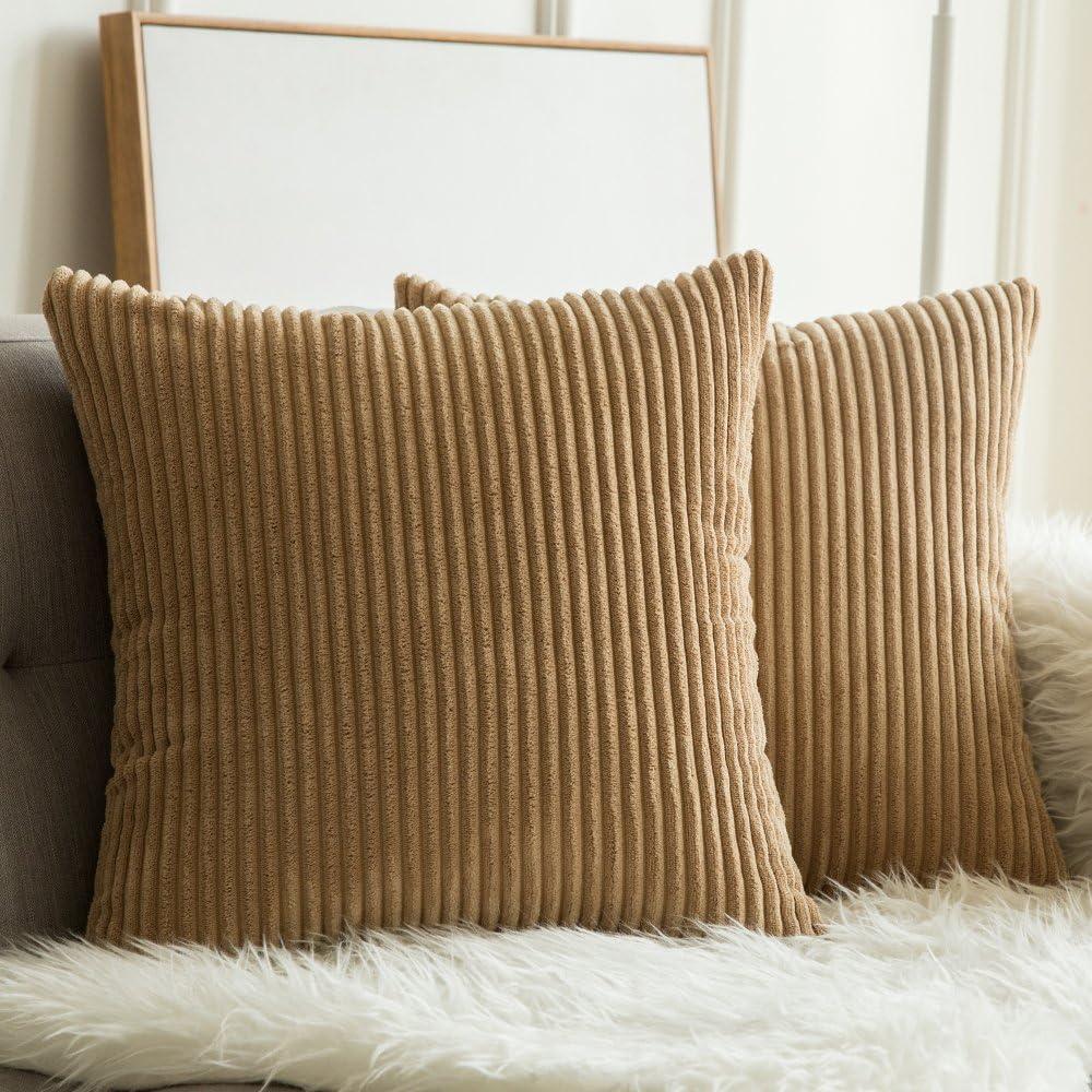 imageMIULEE Pack of 2 Burnt Orange Pillow Covers 18x18 Inch Soft Boho Striped Corduroy Throw Pillow Covers Set Decorative Square Cushion Cases Pillowcases for Sofa Bedroom CouchKhaki