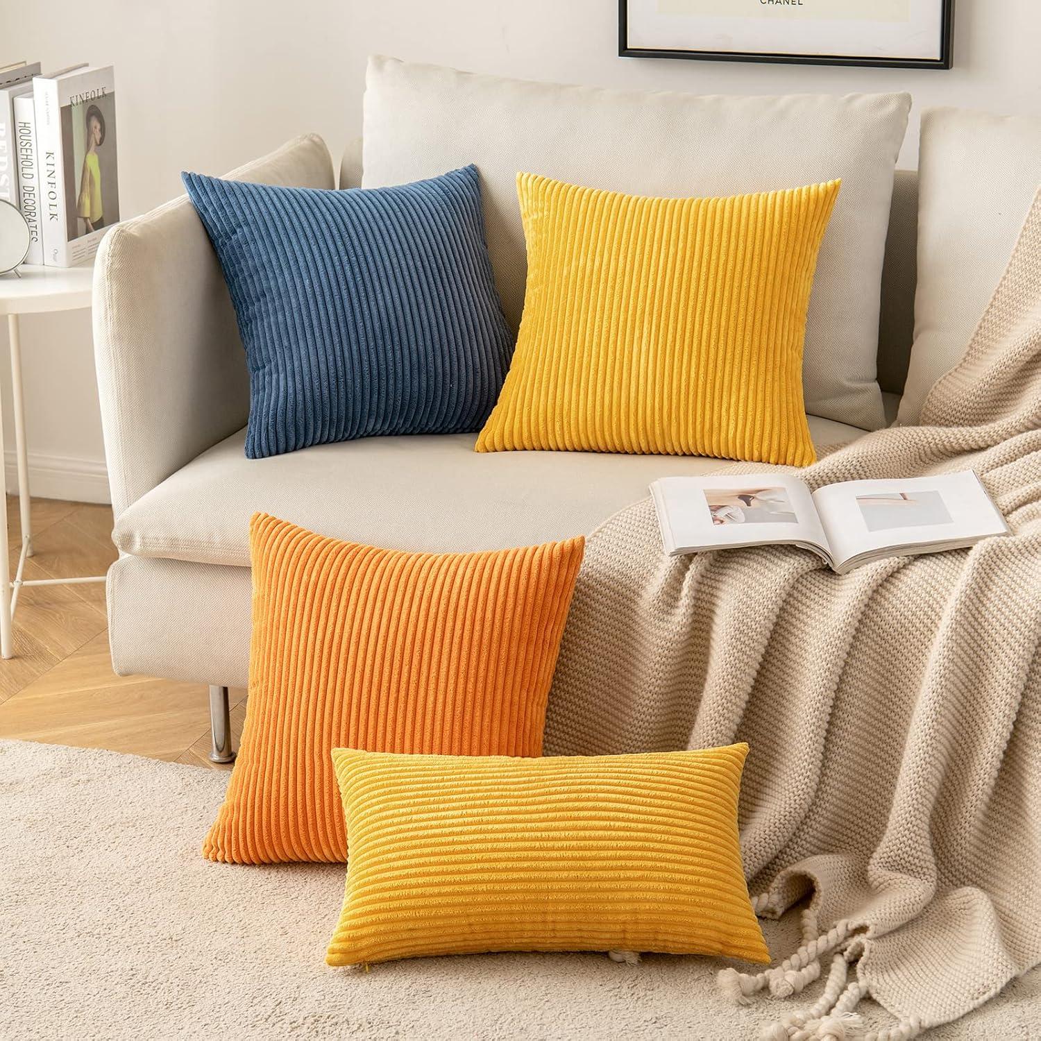 imageMIULEE Pack of 2 Burnt Orange Pillow Covers 18x18 Inch Soft Boho Striped Corduroy Throw Pillow Covers Set Decorative Square Cushion Cases Pillowcases for Sofa Bedroom CouchMustard Yellow