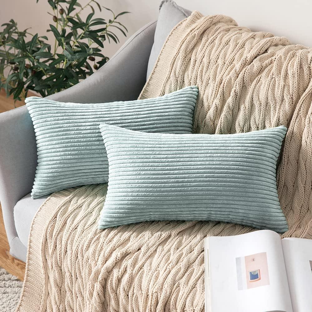 imageMIULEE Pack of 2 Burnt Orange Pillow Covers 18x18 Inch Soft Boho Striped Corduroy Throw Pillow Covers Set Decorative Square Cushion Cases Pillowcases for Sofa Bedroom CouchMint