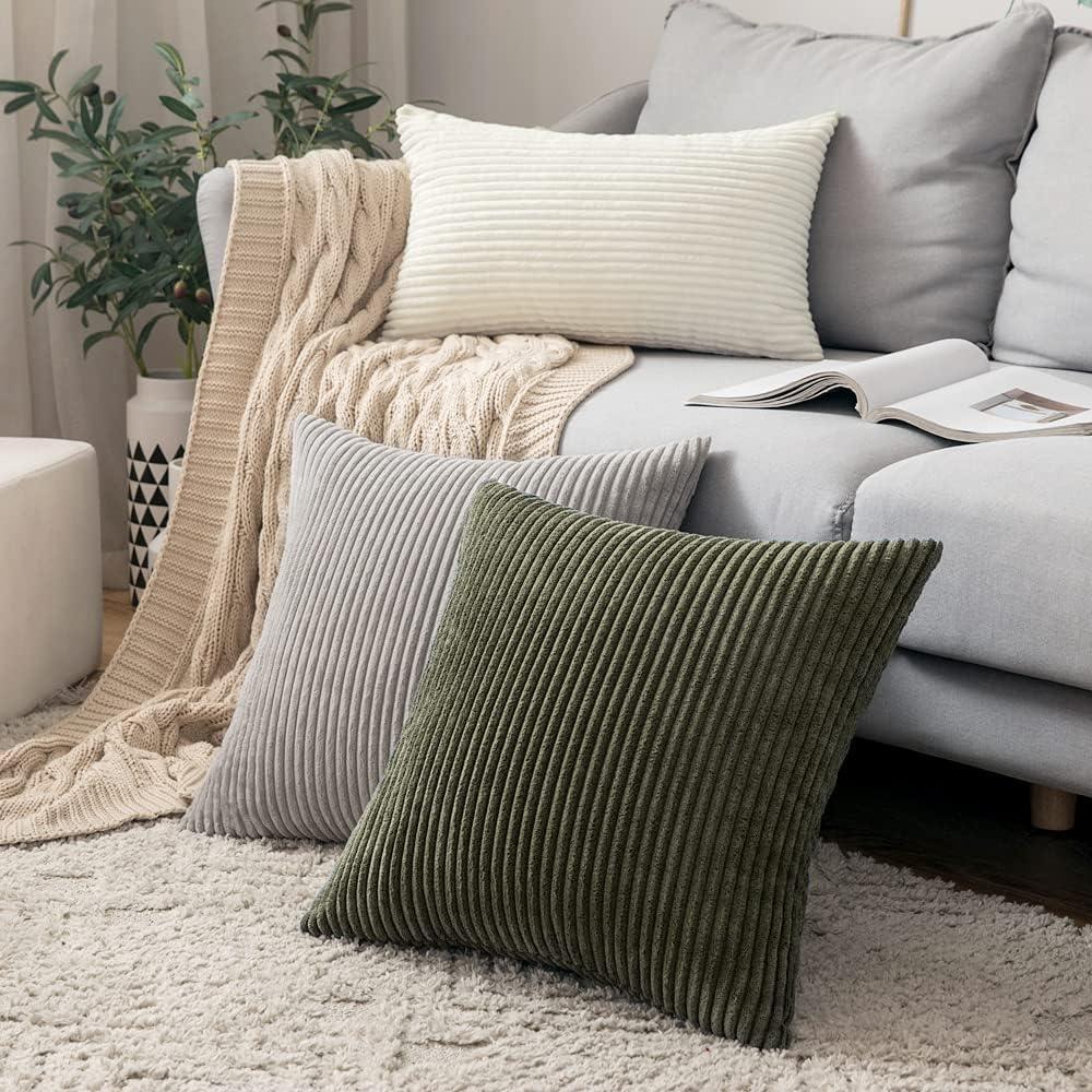 imageMIULEE Pack of 2 Burnt Orange Pillow Covers 18x18 Inch Soft Boho Striped Corduroy Throw Pillow Covers Set Decorative Square Cushion Cases Pillowcases for Sofa Bedroom CouchOlive Green