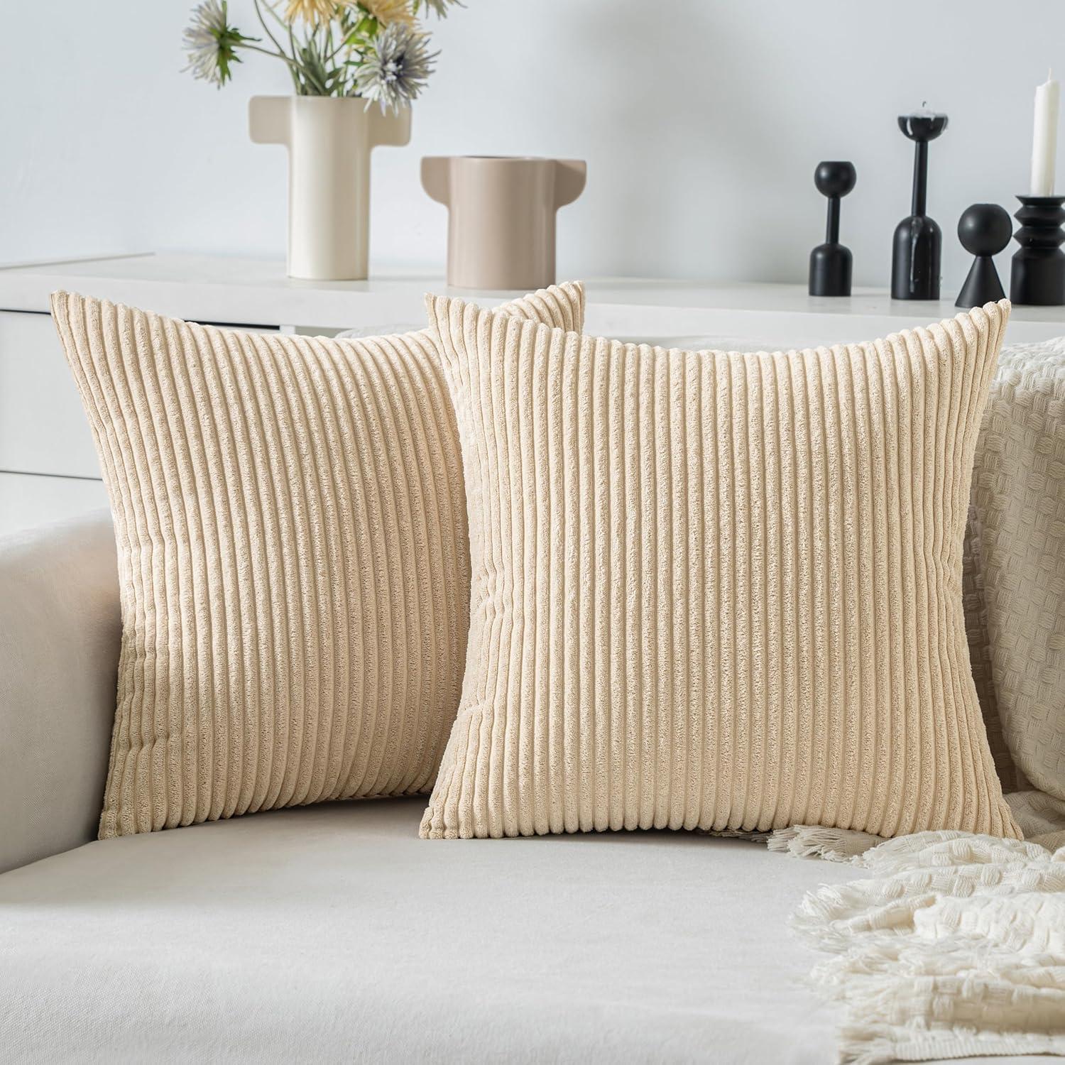 imageMIULEE Pack of 2 Burnt Orange Pillow Covers 18x18 Inch Soft Boho Striped Corduroy Throw Pillow Covers Set Decorative Square Cushion Cases Pillowcases for Sofa Bedroom CouchBeige