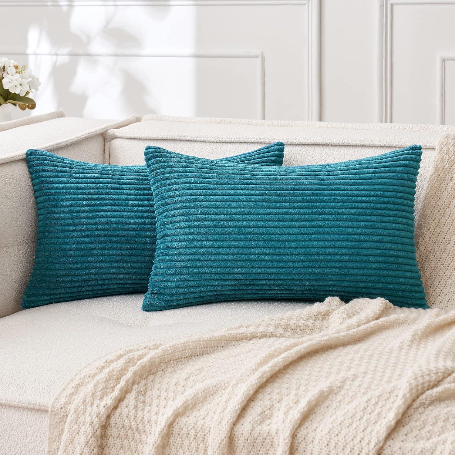 imageMIULEE Pack of 2 Burnt Orange Pillow Covers 18x18 Inch Soft Boho Striped Corduroy Throw Pillow Covers Set Decorative Square Cushion Cases Pillowcases for Sofa Bedroom CouchTeal