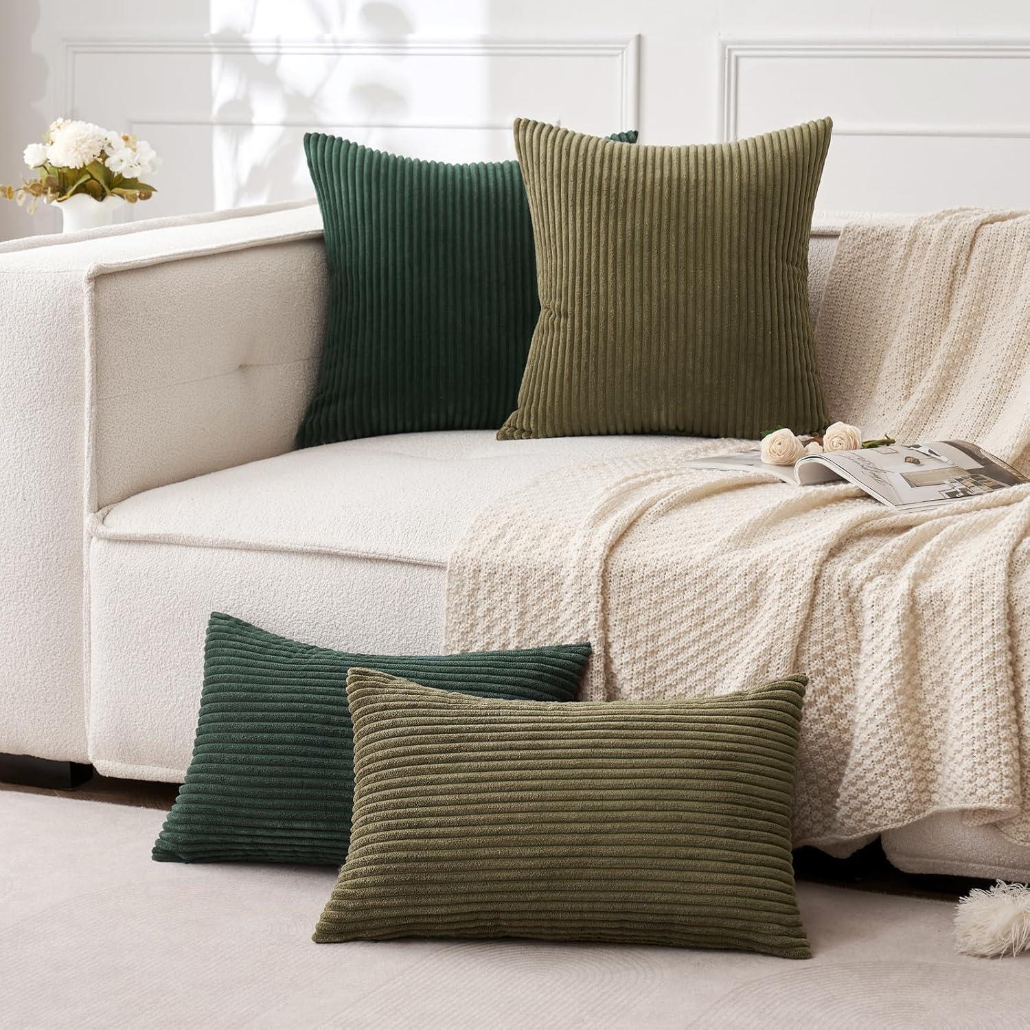 imageMIULEE Pack of 2 Burnt Orange Pillow Covers 18x18 Inch Soft Boho Striped Corduroy Throw Pillow Covers Set Decorative Square Cushion Cases Pillowcases for Sofa Bedroom CouchArmy Green