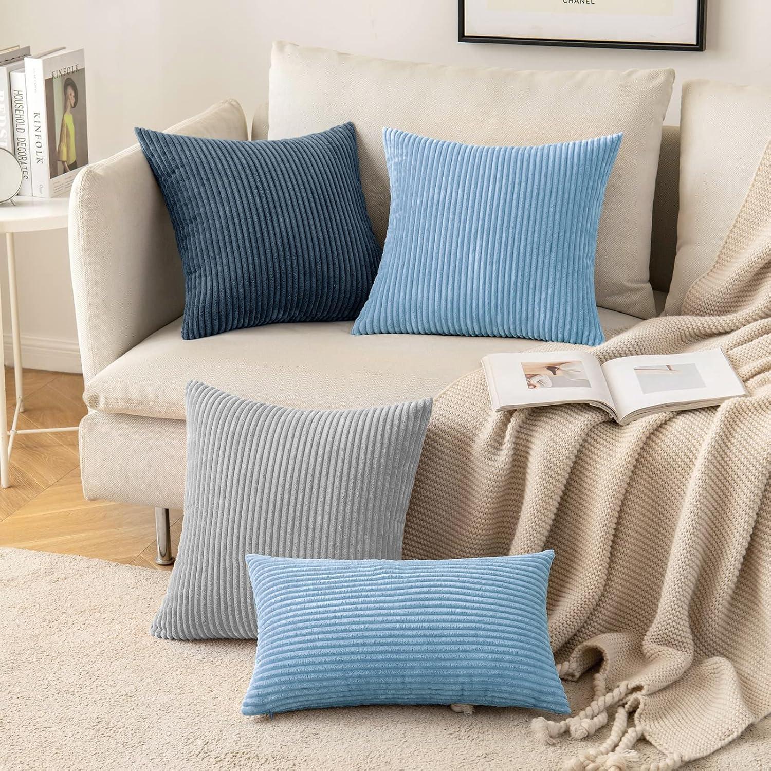 imageMIULEE Pack of 2 Burnt Orange Pillow Covers 18x18 Inch Soft Boho Striped Corduroy Throw Pillow Covers Set Decorative Square Cushion Cases Pillowcases for Sofa Bedroom CouchBaby Boy Blue