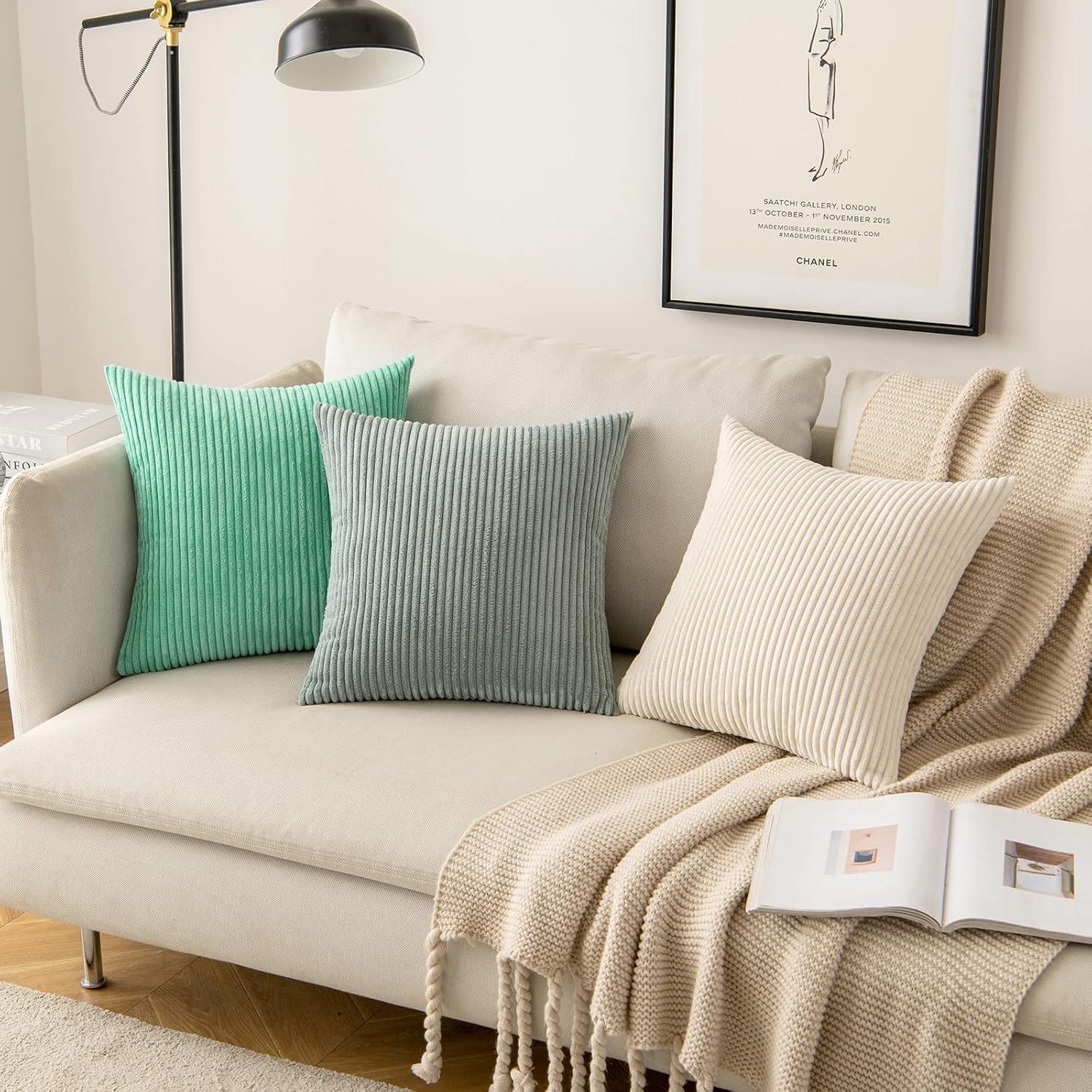 imageMIULEE Pack of 2 Burnt Orange Pillow Covers 18x18 Inch Soft Boho Striped Corduroy Throw Pillow Covers Set Decorative Square Cushion Cases Pillowcases for Sofa Bedroom CouchGreyish Green