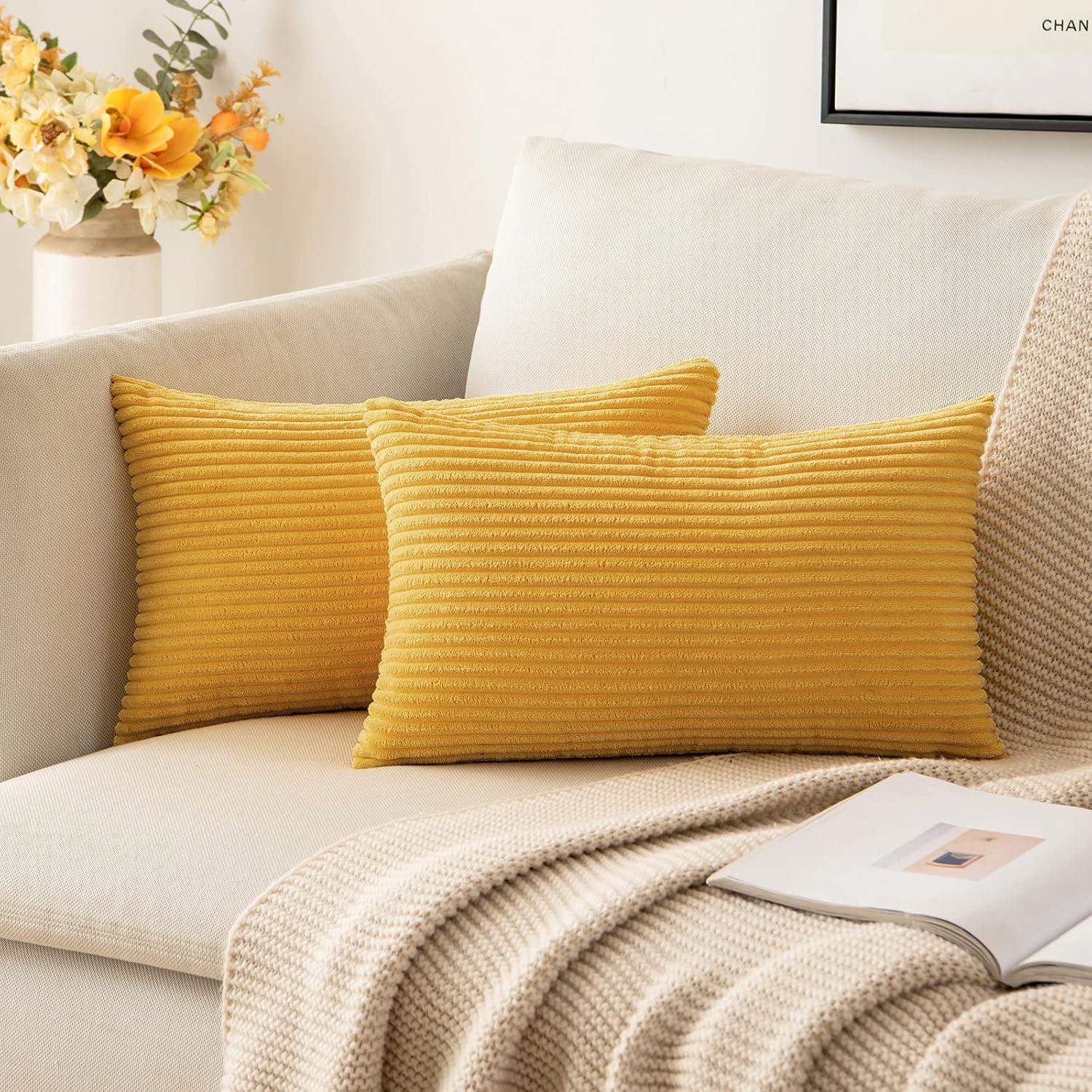 imageMIULEE Pack of 2 Burnt Orange Pillow Covers 18x18 Inch Soft Boho Striped Corduroy Throw Pillow Covers Set Decorative Square Cushion Cases Pillowcases for Sofa Bedroom CouchMustard Yellow