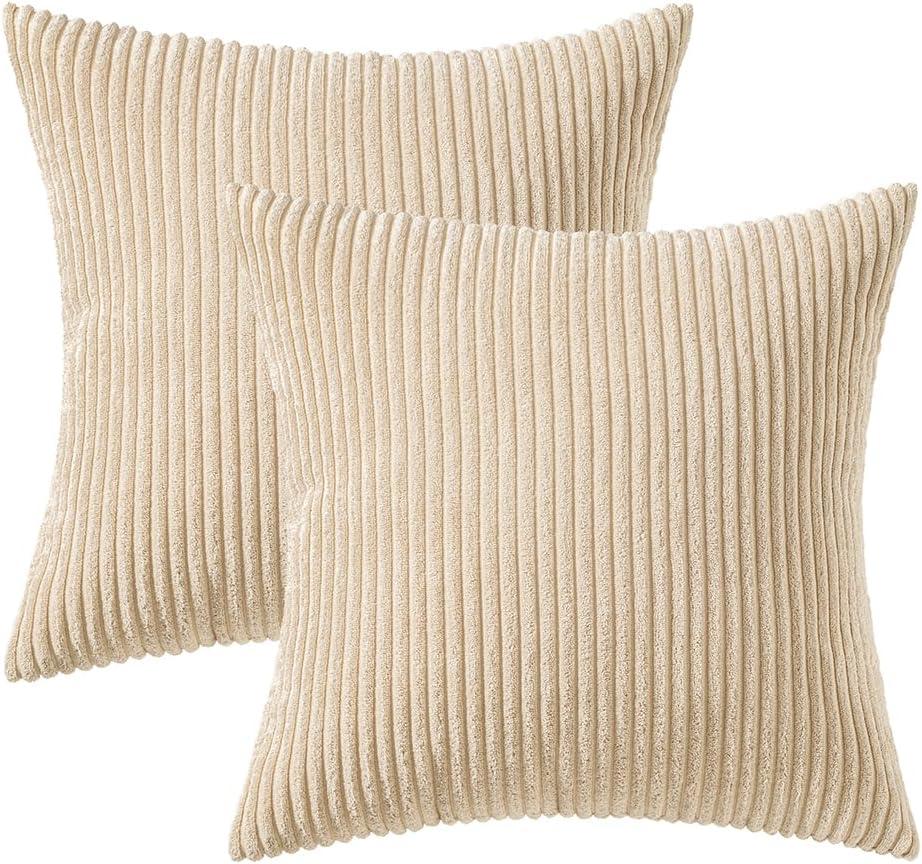 imageMIULEE Pack of 2 Burnt Orange Pillow Covers 18x18 Inch Soft Boho Striped Corduroy Throw Pillow Covers Set Decorative Square Cushion Cases Pillowcases for Sofa Bedroom CouchBeige