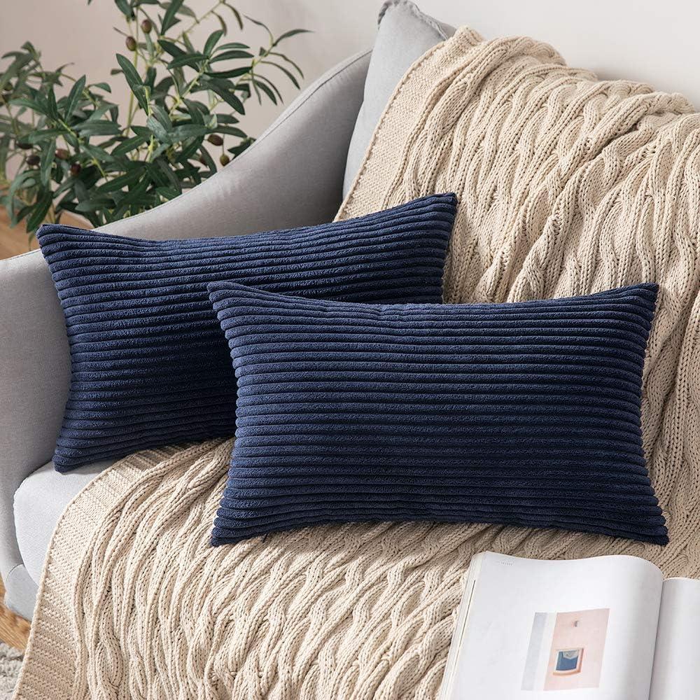 imageMIULEE Pack of 2 Burnt Orange Pillow Covers 18x18 Inch Soft Boho Striped Corduroy Throw Pillow Covers Set Decorative Square Cushion Cases Pillowcases for Sofa Bedroom CouchDark Blue