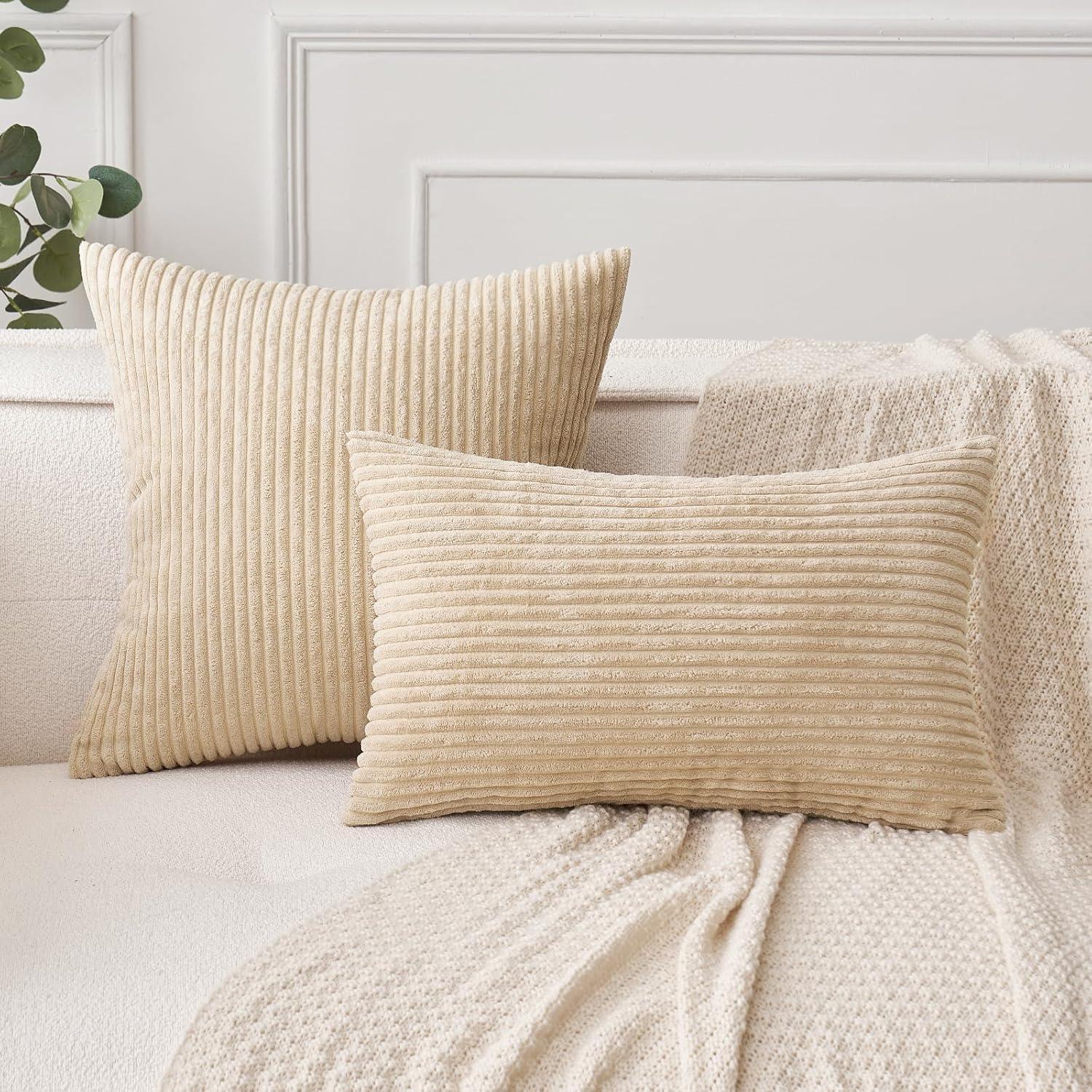 imageMIULEE Pack of 2 Burnt Orange Pillow Covers 18x18 Inch Soft Boho Striped Corduroy Throw Pillow Covers Set Decorative Square Cushion Cases Pillowcases for Sofa Bedroom CouchBeige