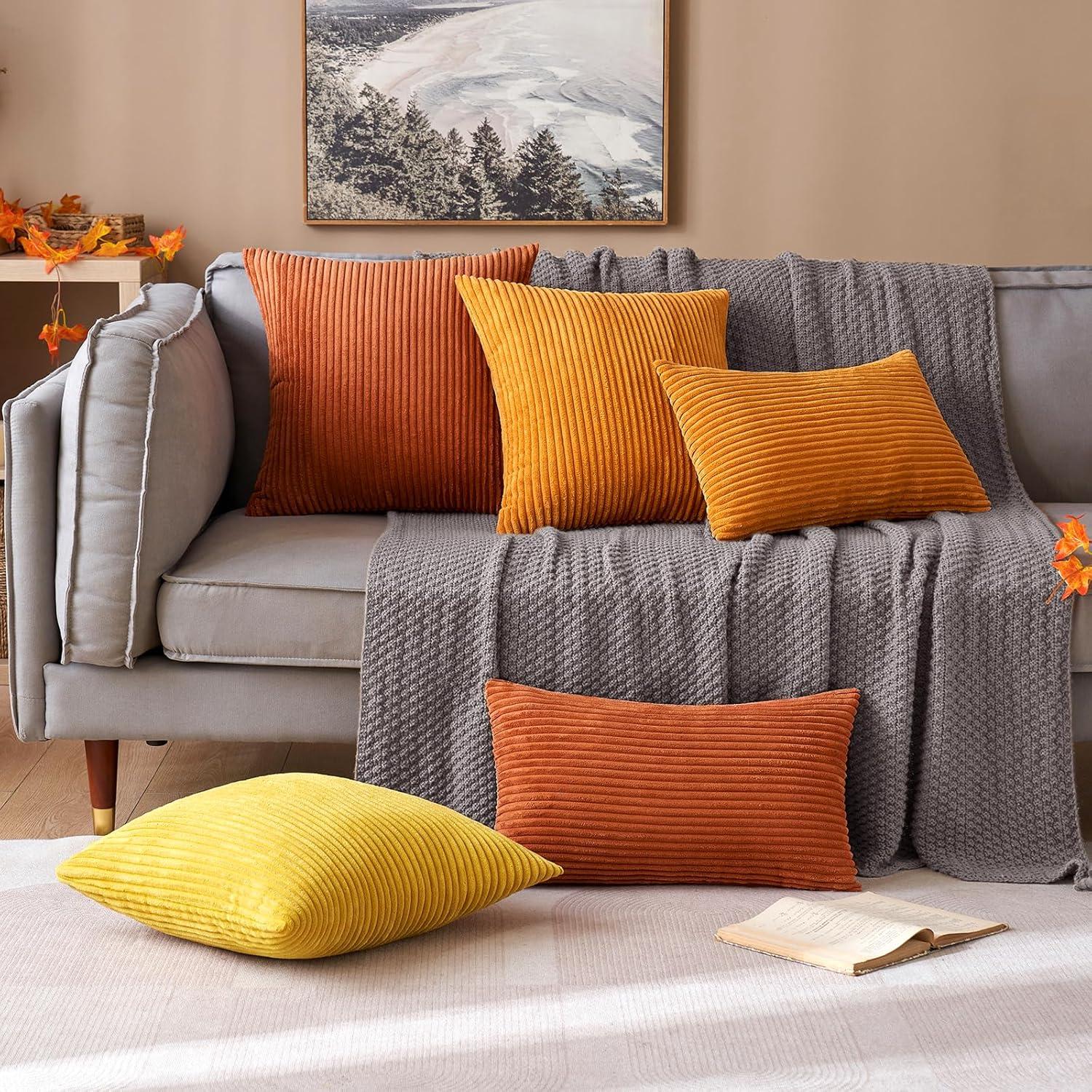 imageMIULEE Pack of 2 Burnt Orange Pillow Covers 18x18 Inch Soft Boho Striped Corduroy Throw Pillow Covers Set Decorative Square Cushion Cases Pillowcases for Sofa Bedroom CouchBurnt Orange