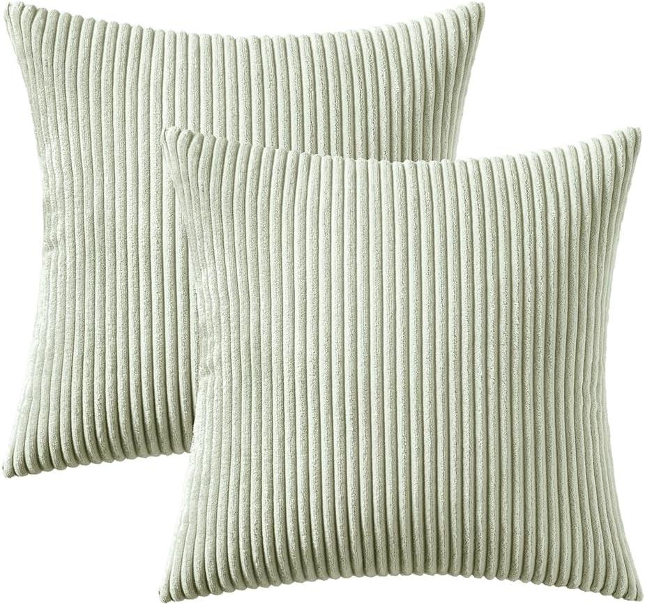 imageMIULEE Pack of 2 Burnt Orange Pillow Covers 18x18 Inch Soft Boho Striped Corduroy Throw Pillow Covers Set Decorative Square Cushion Cases Pillowcases for Sofa Bedroom CouchLight Green