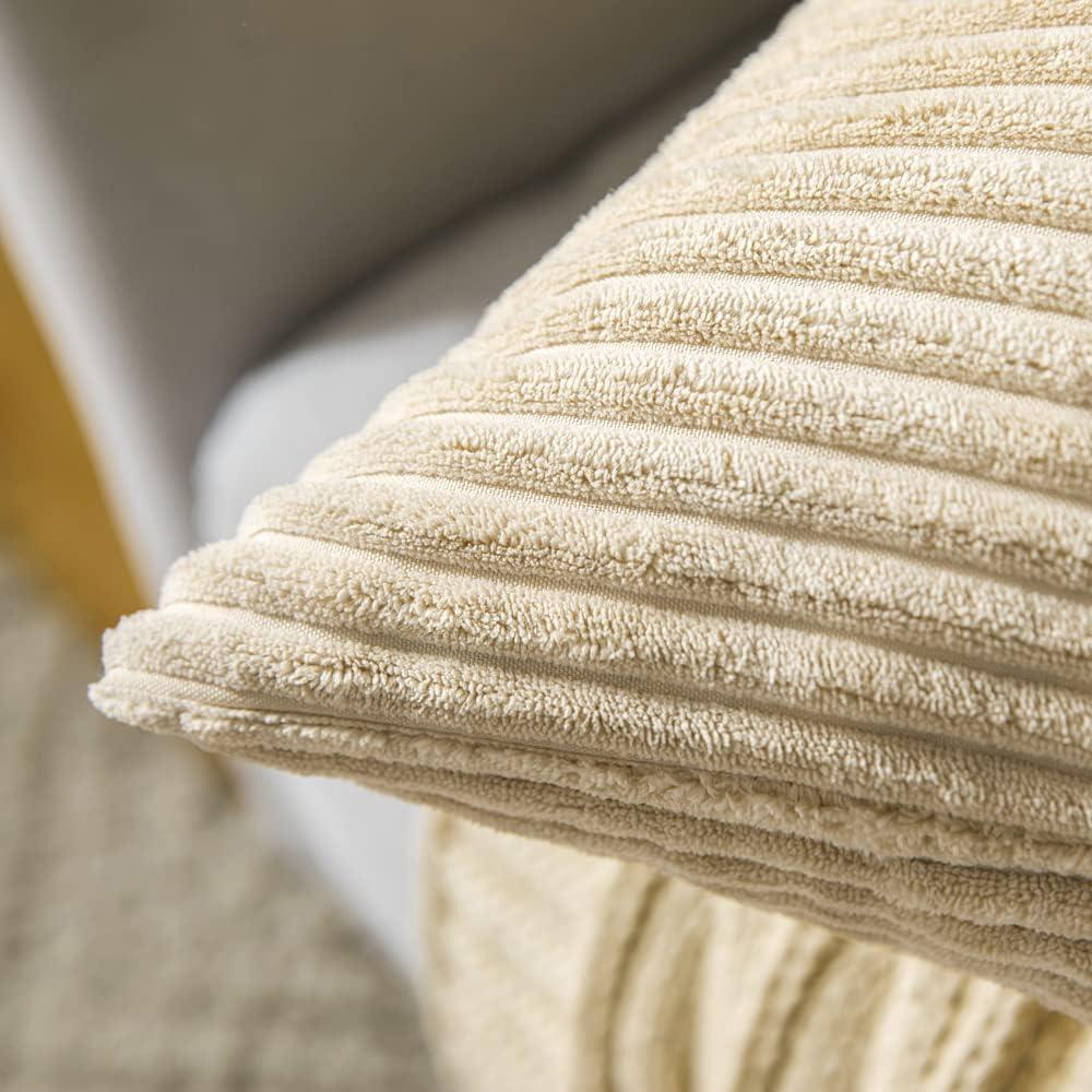 imageMIULEE Pack of 2 Burnt Orange Pillow Covers 18x18 Inch Soft Boho Striped Corduroy Throw Pillow Covers Set Decorative Square Cushion Cases Pillowcases for Sofa Bedroom CouchBeige