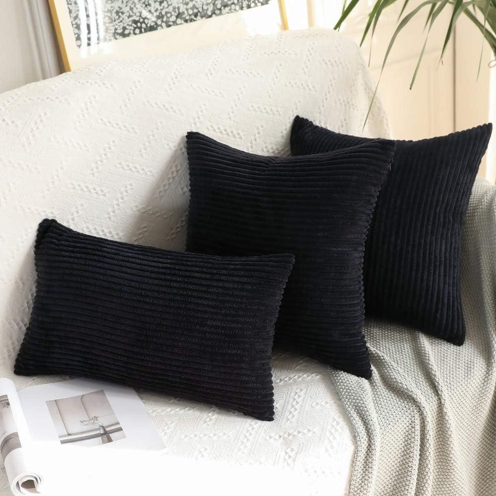 imageMIULEE Pack of 2 Burnt Orange Pillow Covers 18x18 Inch Soft Boho Striped Corduroy Throw Pillow Covers Set Decorative Square Cushion Cases Pillowcases for Sofa Bedroom CouchBlack
