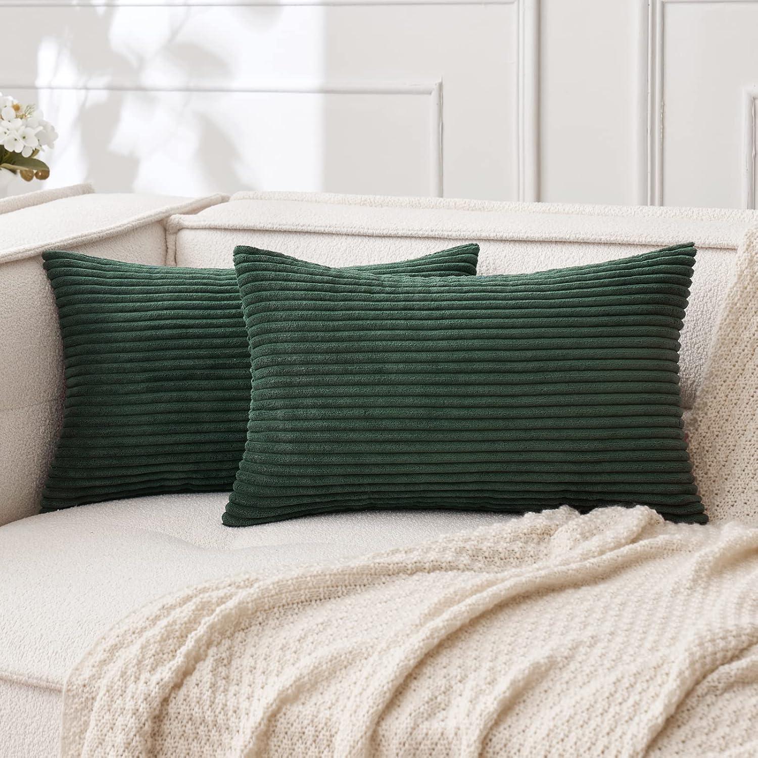 imageMIULEE Pack of 2 Burnt Orange Pillow Covers 18x18 Inch Soft Boho Striped Corduroy Throw Pillow Covers Set Decorative Square Cushion Cases Pillowcases for Sofa Bedroom CouchArmy Green