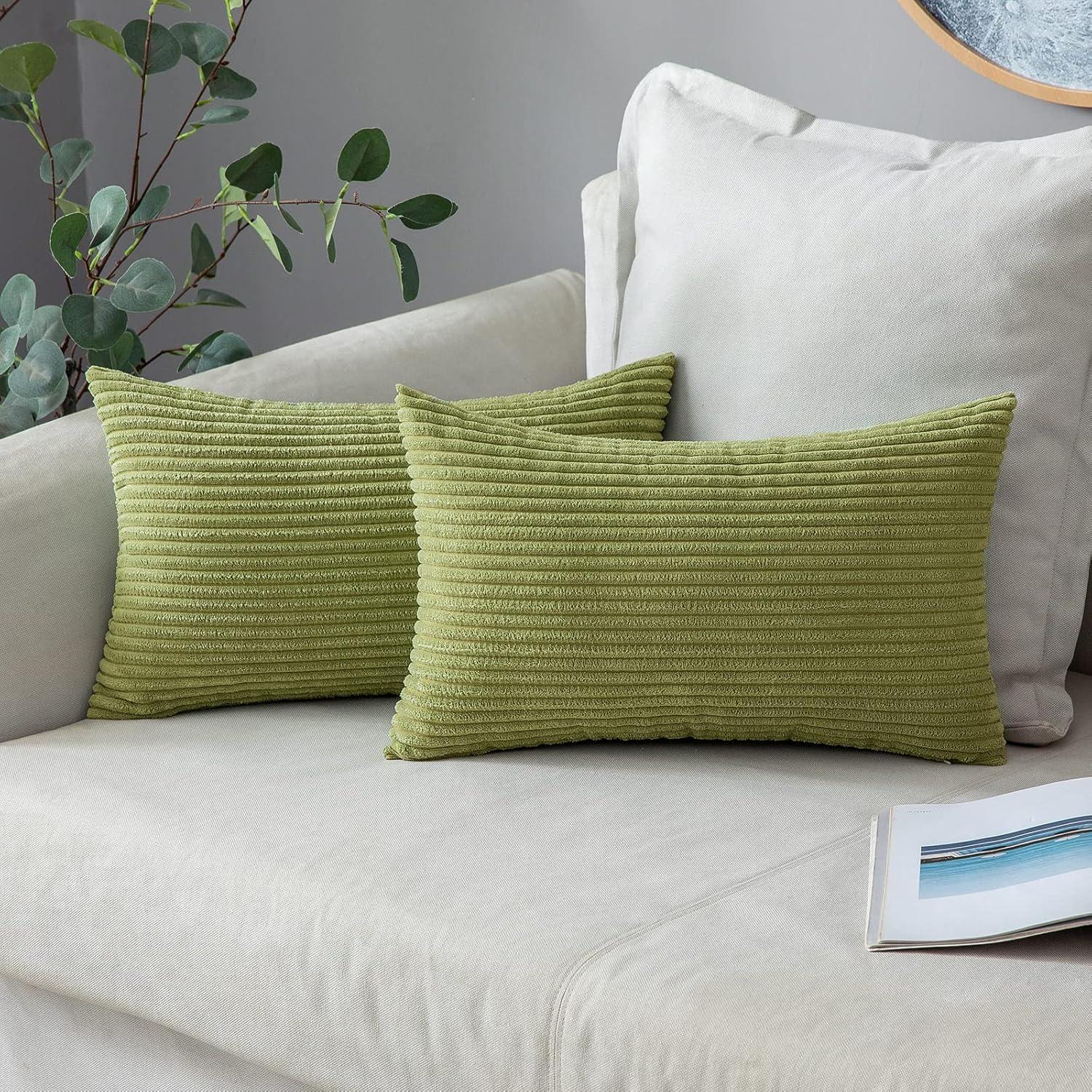 imageMIULEE Pack of 2 Burnt Orange Pillow Covers 18x18 Inch Soft Boho Striped Corduroy Throw Pillow Covers Set Decorative Square Cushion Cases Pillowcases for Sofa Bedroom CouchGrass Green