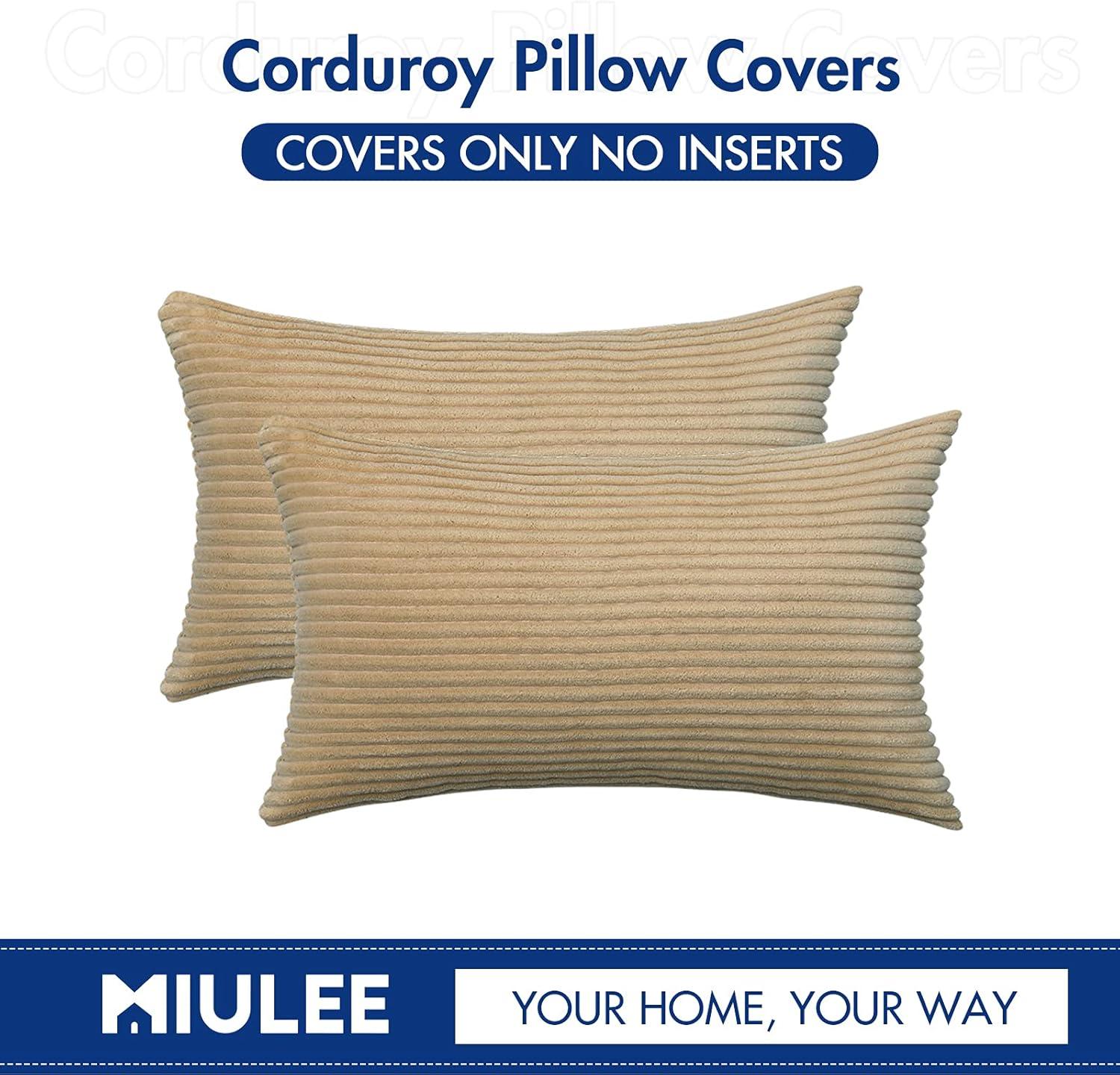 imageMIULEE Pack of 2 Burnt Orange Pillow Covers 18x18 Inch Soft Boho Striped Corduroy Throw Pillow Covers Set Decorative Square Cushion Cases Pillowcases for Sofa Bedroom CouchKhaki