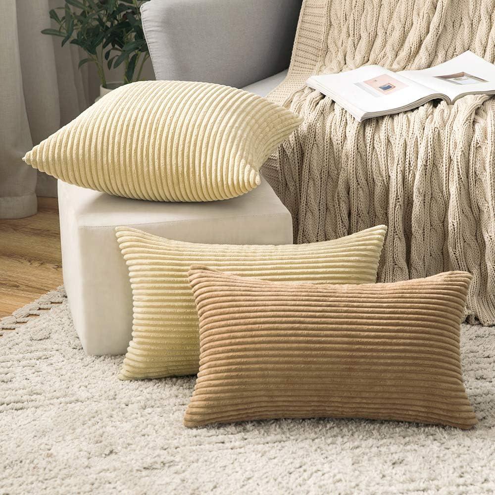 imageMIULEE Pack of 2 Burnt Orange Pillow Covers 18x18 Inch Soft Boho Striped Corduroy Throw Pillow Covers Set Decorative Square Cushion Cases Pillowcases for Sofa Bedroom CouchKhaki
