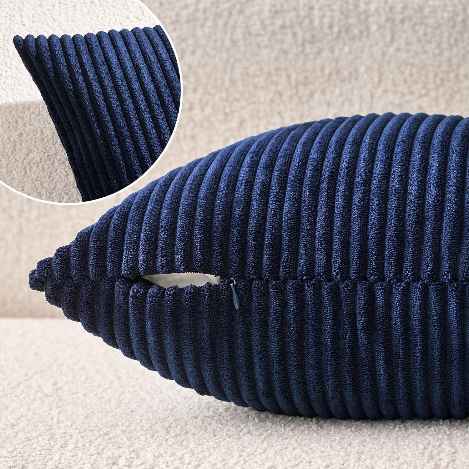 imageMIULEE Pack of 2 Burnt Orange Pillow Covers 18x18 Inch Soft Boho Striped Corduroy Throw Pillow Covers Set Decorative Square Cushion Cases Pillowcases for Sofa Bedroom CouchDark Blue