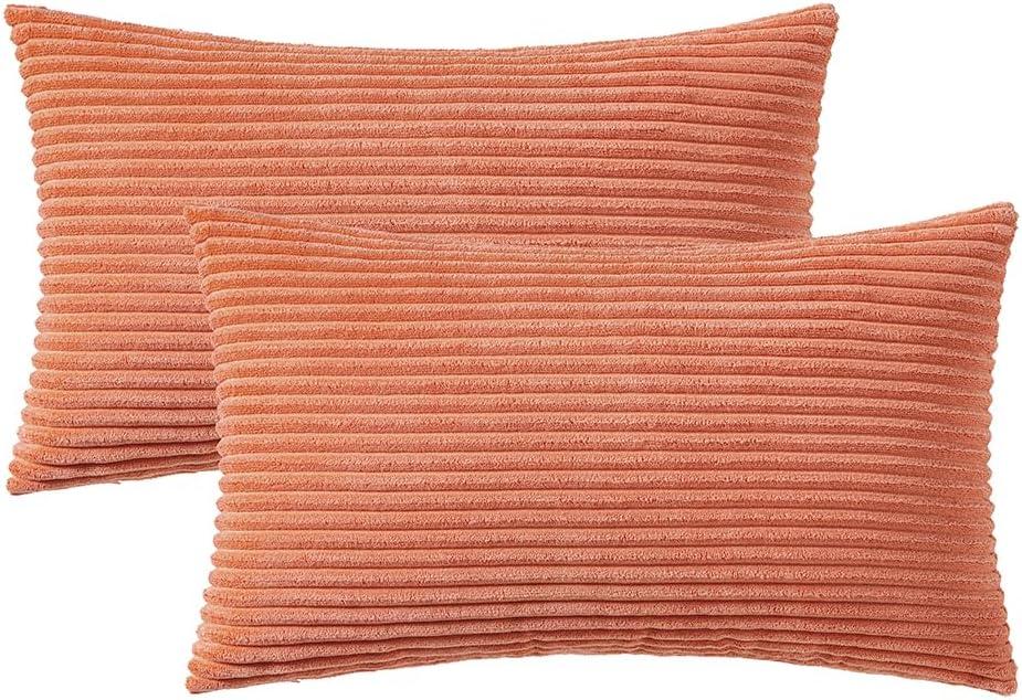 imageMIULEE Pack of 2 Burnt Orange Pillow Covers 18x18 Inch Soft Boho Striped Corduroy Throw Pillow Covers Set Decorative Square Cushion Cases Pillowcases for Sofa Bedroom CouchCoral Red