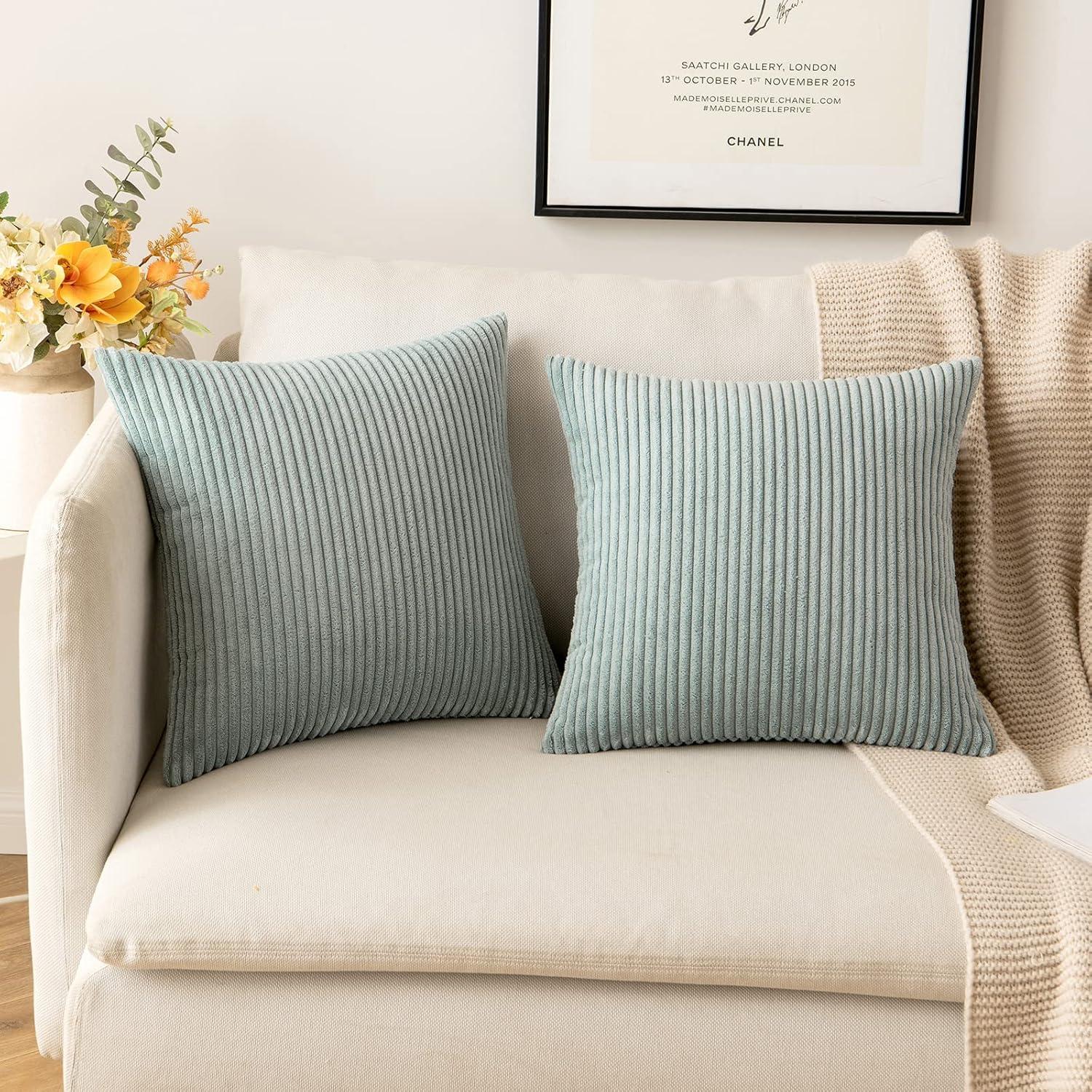 imageMIULEE Pack of 2 Burnt Orange Pillow Covers 18x18 Inch Soft Boho Striped Corduroy Throw Pillow Covers Set Decorative Square Cushion Cases Pillowcases for Sofa Bedroom CouchGreyish Green