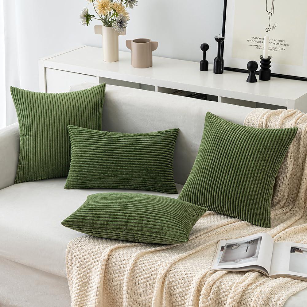imageMIULEE Pack of 2 Burnt Orange Pillow Covers 18x18 Inch Soft Boho Striped Corduroy Throw Pillow Covers Set Decorative Square Cushion Cases Pillowcases for Sofa Bedroom CouchMoss Green