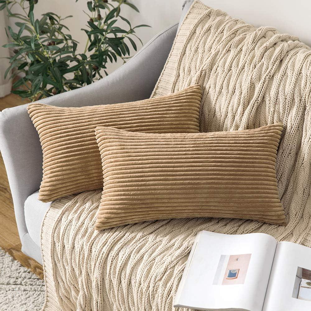 imageMIULEE Pack of 2 Burnt Orange Pillow Covers 18x18 Inch Soft Boho Striped Corduroy Throw Pillow Covers Set Decorative Square Cushion Cases Pillowcases for Sofa Bedroom CouchKhaki