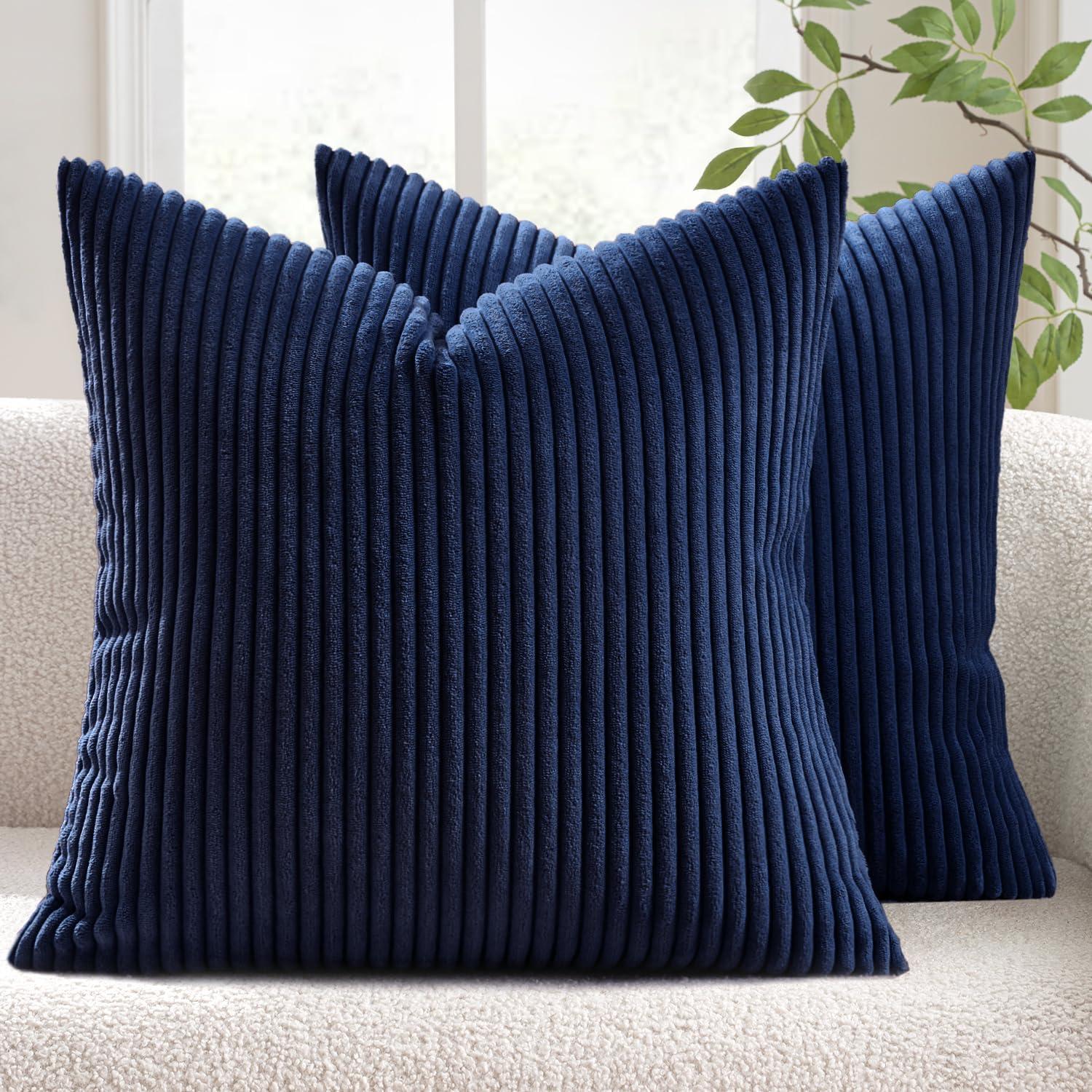 imageMIULEE Pack of 2 Burnt Orange Pillow Covers 18x18 Inch Soft Boho Striped Corduroy Throw Pillow Covers Set Decorative Square Cushion Cases Pillowcases for Sofa Bedroom CouchDark Blue