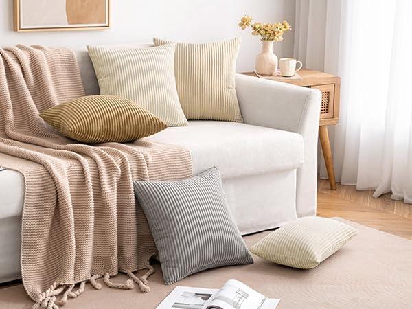 imageMIULEE Pack of 2 Burnt Orange Pillow Covers 18x18 Inch Soft Boho Striped Corduroy Throw Pillow Covers Set Decorative Square Cushion Cases Pillowcases for Sofa Bedroom CouchCream White