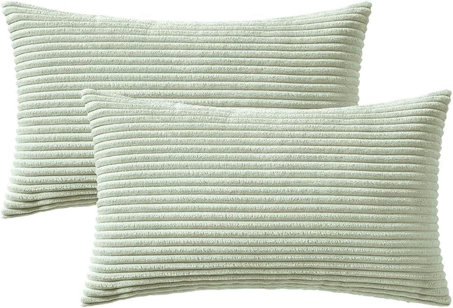 imageMIULEE Pack of 2 Burnt Orange Pillow Covers 18x18 Inch Soft Boho Striped Corduroy Throw Pillow Covers Set Decorative Square Cushion Cases Pillowcases for Sofa Bedroom CouchLight Green