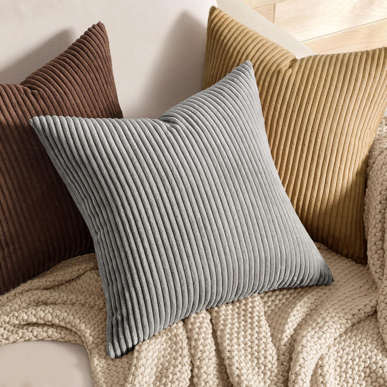 imageMIULEE Pack of 2 Burnt Orange Pillow Covers 18x18 Inch Soft Boho Striped Corduroy Throw Pillow Covers Set Decorative Square Cushion Cases Pillowcases for Sofa Bedroom CouchSilver Grey