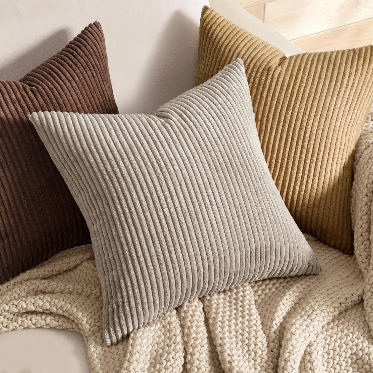 imageMIULEE Pack of 2 Burnt Orange Pillow Covers 18x18 Inch Soft Boho Striped Corduroy Throw Pillow Covers Set Decorative Square Cushion Cases Pillowcases for Sofa Bedroom CouchKhaki