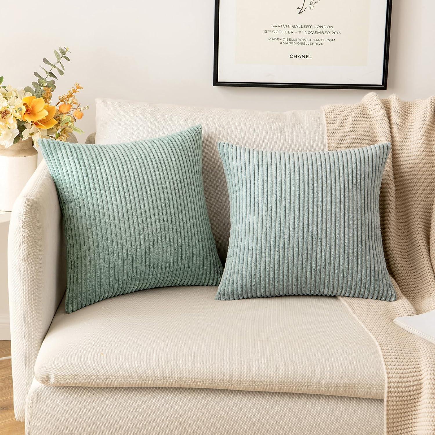 imageMIULEE Pack of 2 Burnt Orange Pillow Covers 18x18 Inch Soft Boho Striped Corduroy Throw Pillow Covers Set Decorative Square Cushion Cases Pillowcases for Sofa Bedroom CouchGreyish Green