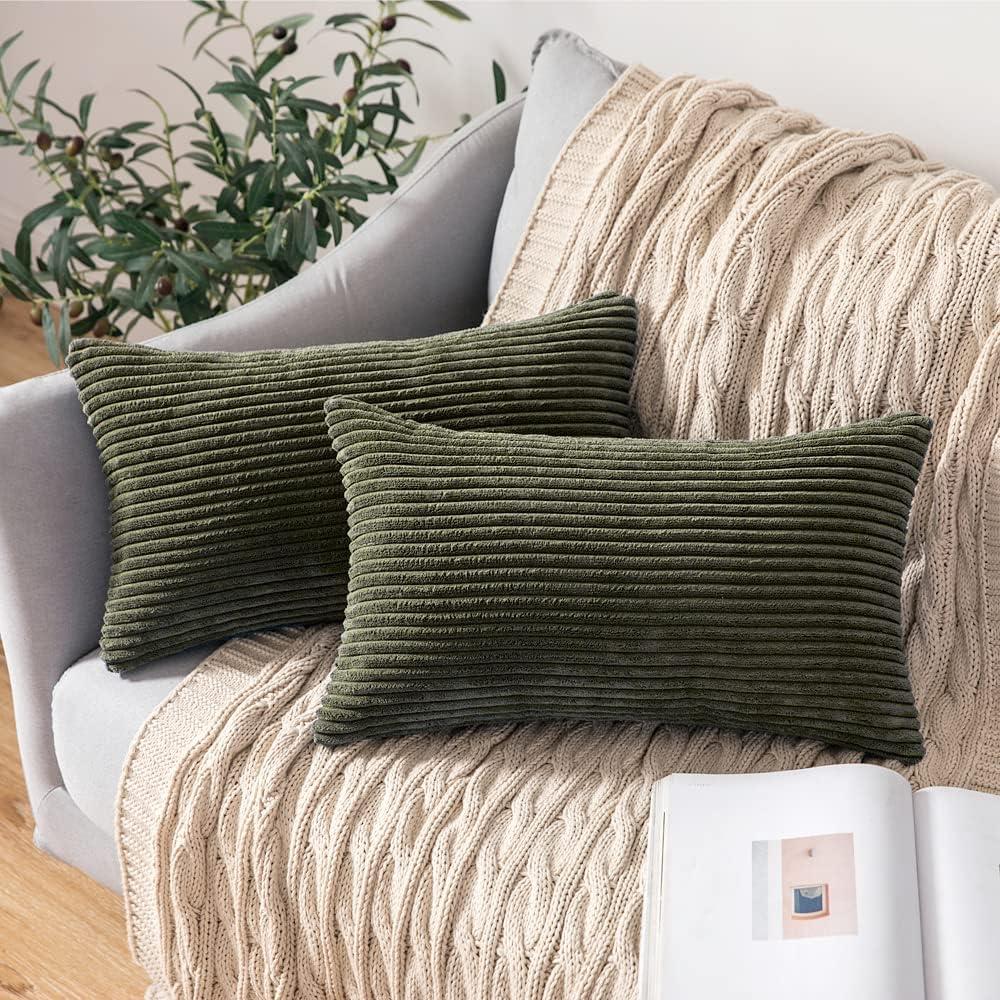 imageMIULEE Pack of 2 Burnt Orange Pillow Covers 18x18 Inch Soft Boho Striped Corduroy Throw Pillow Covers Set Decorative Square Cushion Cases Pillowcases for Sofa Bedroom CouchOlive Green