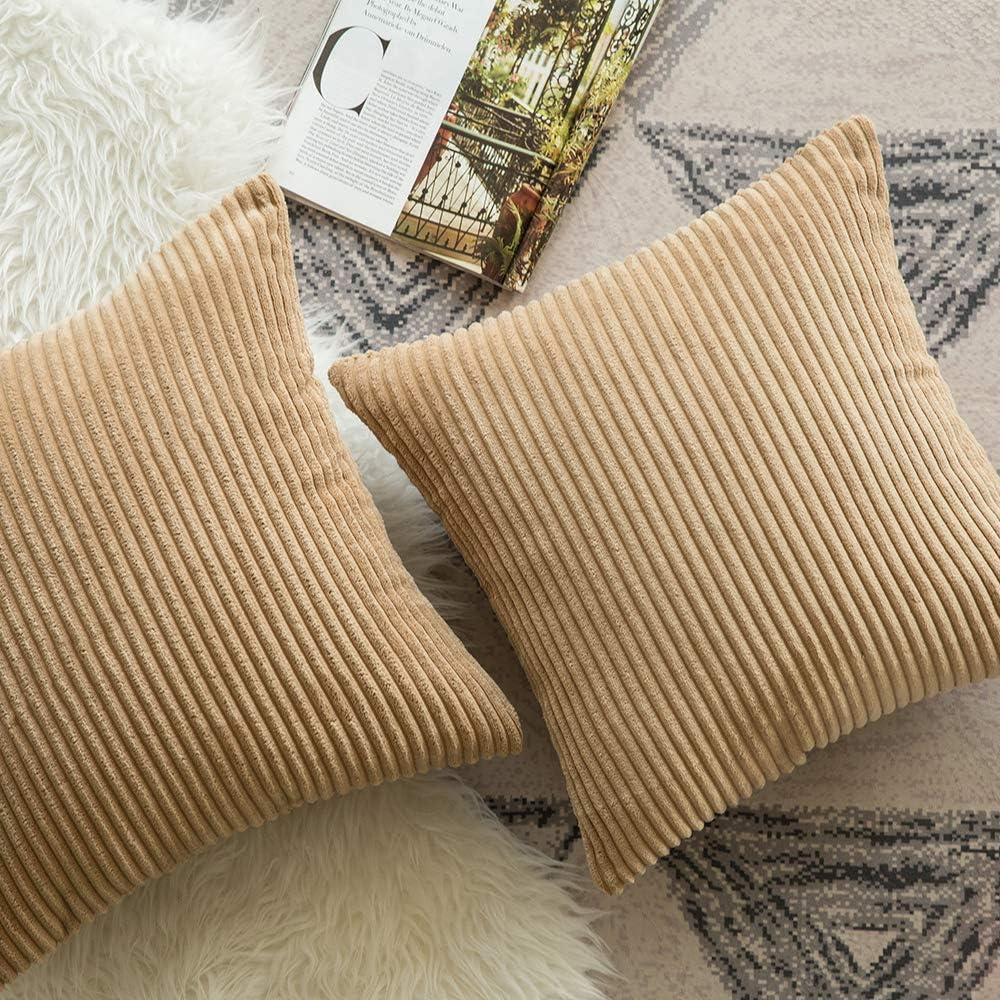 imageMIULEE Pack of 2 Burnt Orange Pillow Covers 18x18 Inch Soft Boho Striped Corduroy Throw Pillow Covers Set Decorative Square Cushion Cases Pillowcases for Sofa Bedroom CouchKhaki