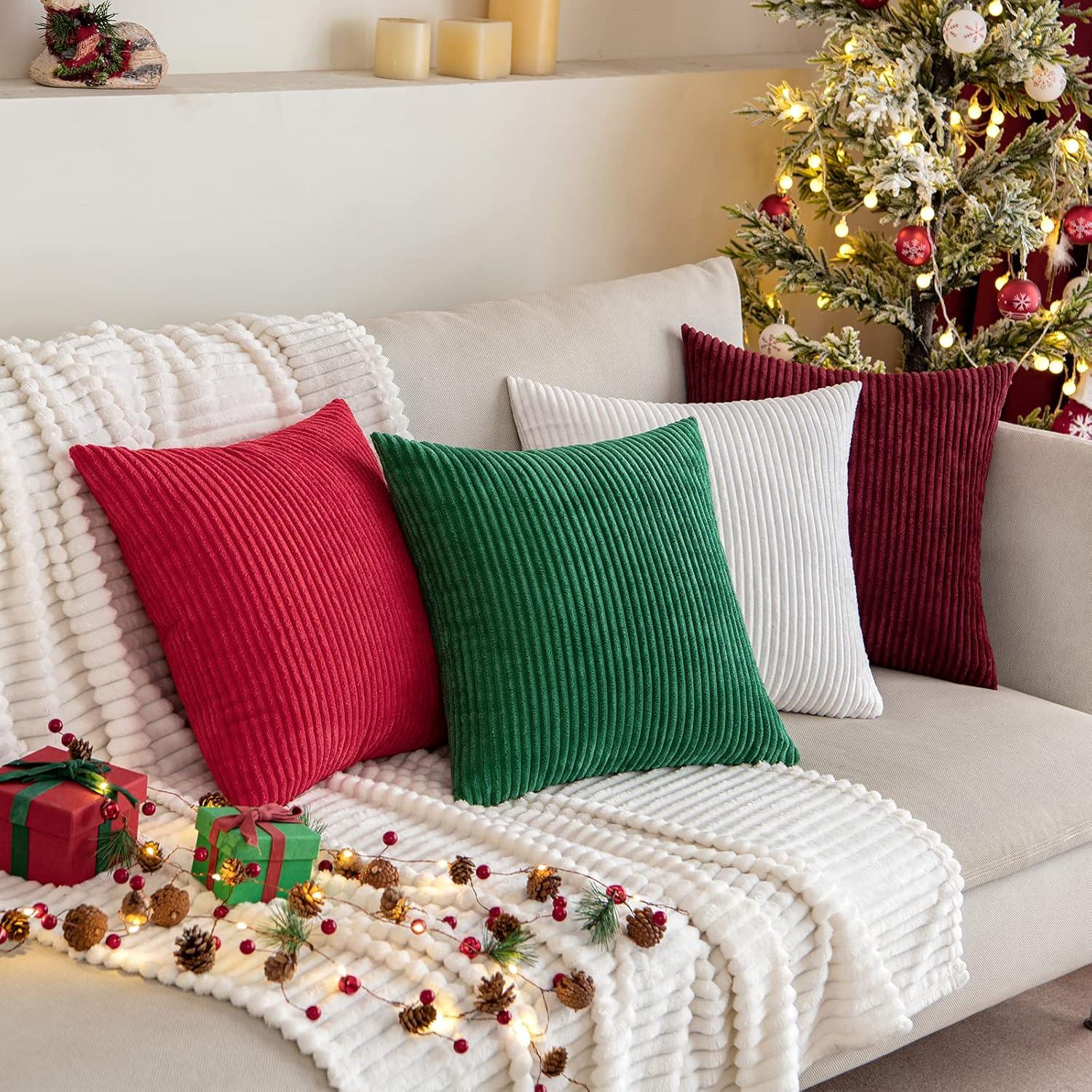 imageMIULEE Pack of 2 Burnt Orange Pillow Covers 18x18 Inch Soft Boho Striped Corduroy Throw Pillow Covers Set Decorative Square Cushion Cases Pillowcases for Sofa Bedroom CouchChristmas Red