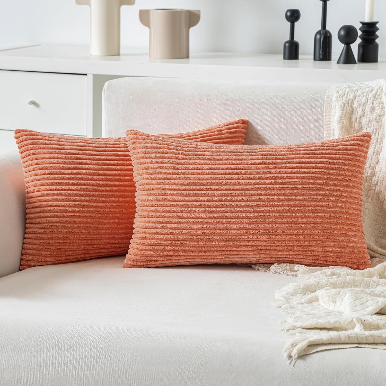 imageMIULEE Pack of 2 Burnt Orange Pillow Covers 18x18 Inch Soft Boho Striped Corduroy Throw Pillow Covers Set Decorative Square Cushion Cases Pillowcases for Sofa Bedroom CouchCoral Red