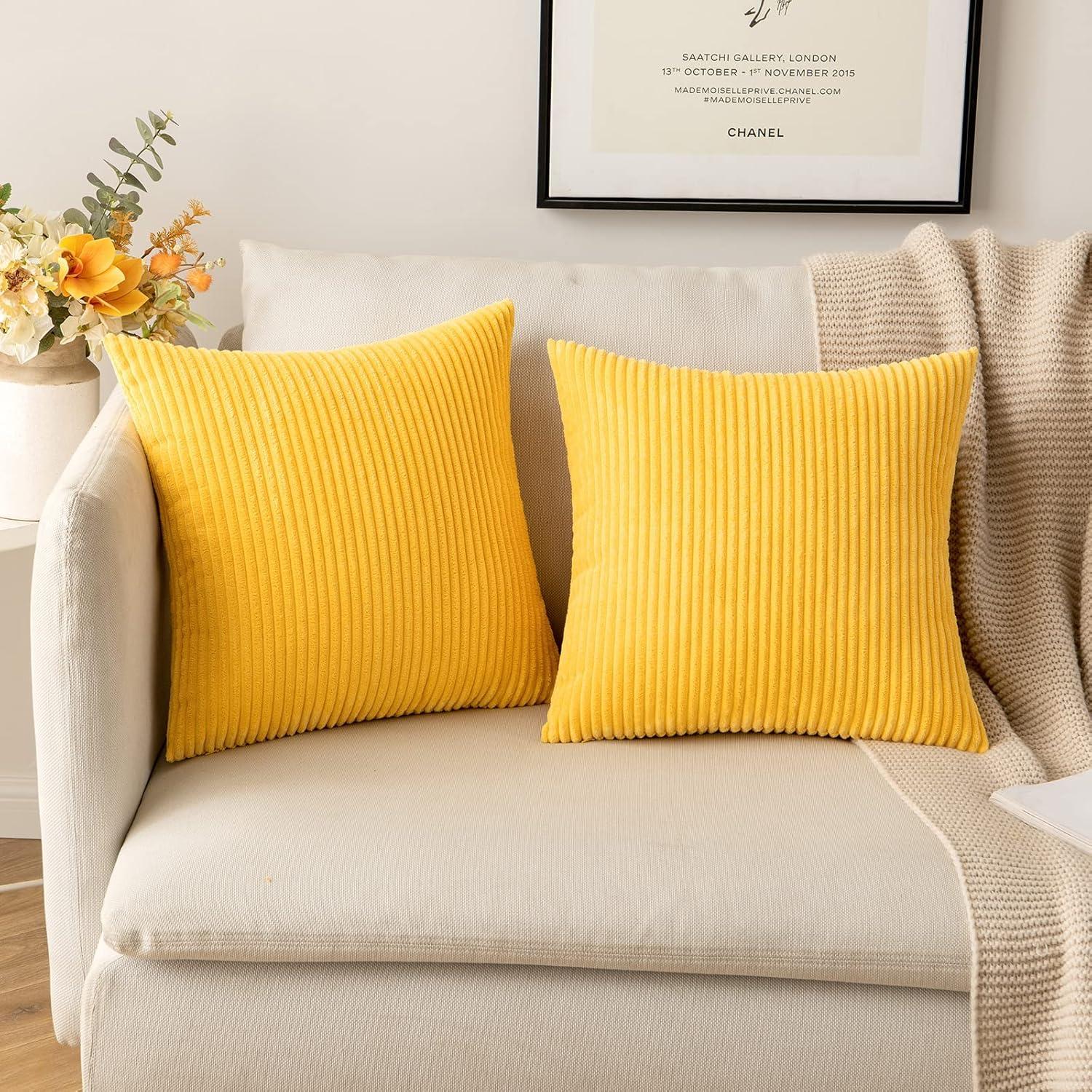 imageMIULEE Pack of 2 Burnt Orange Pillow Covers 18x18 Inch Soft Boho Striped Corduroy Throw Pillow Covers Set Decorative Square Cushion Cases Pillowcases for Sofa Bedroom CouchGolden Yellow