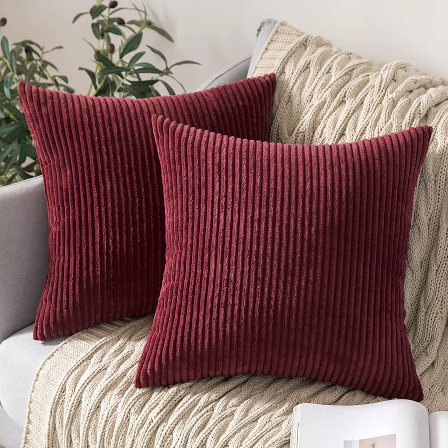 imageMIULEE Pack of 2 Burnt Orange Pillow Covers 18x18 Inch Soft Boho Striped Corduroy Throw Pillow Covers Set Decorative Square Cushion Cases Pillowcases for Sofa Bedroom CouchBurgundy